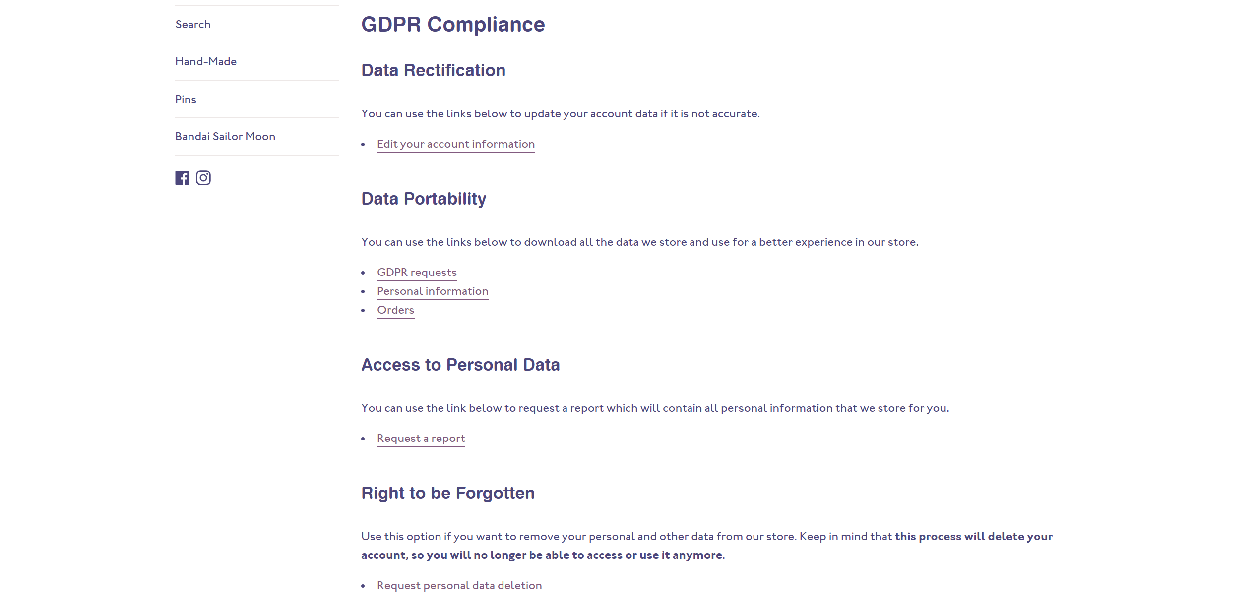 GDPR compliance page