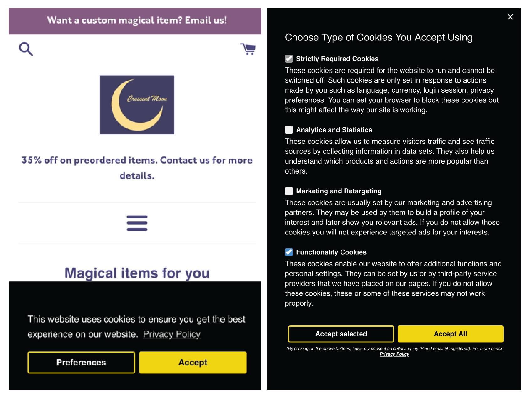 Cookie Consent Bar + Preferences popup on mobile