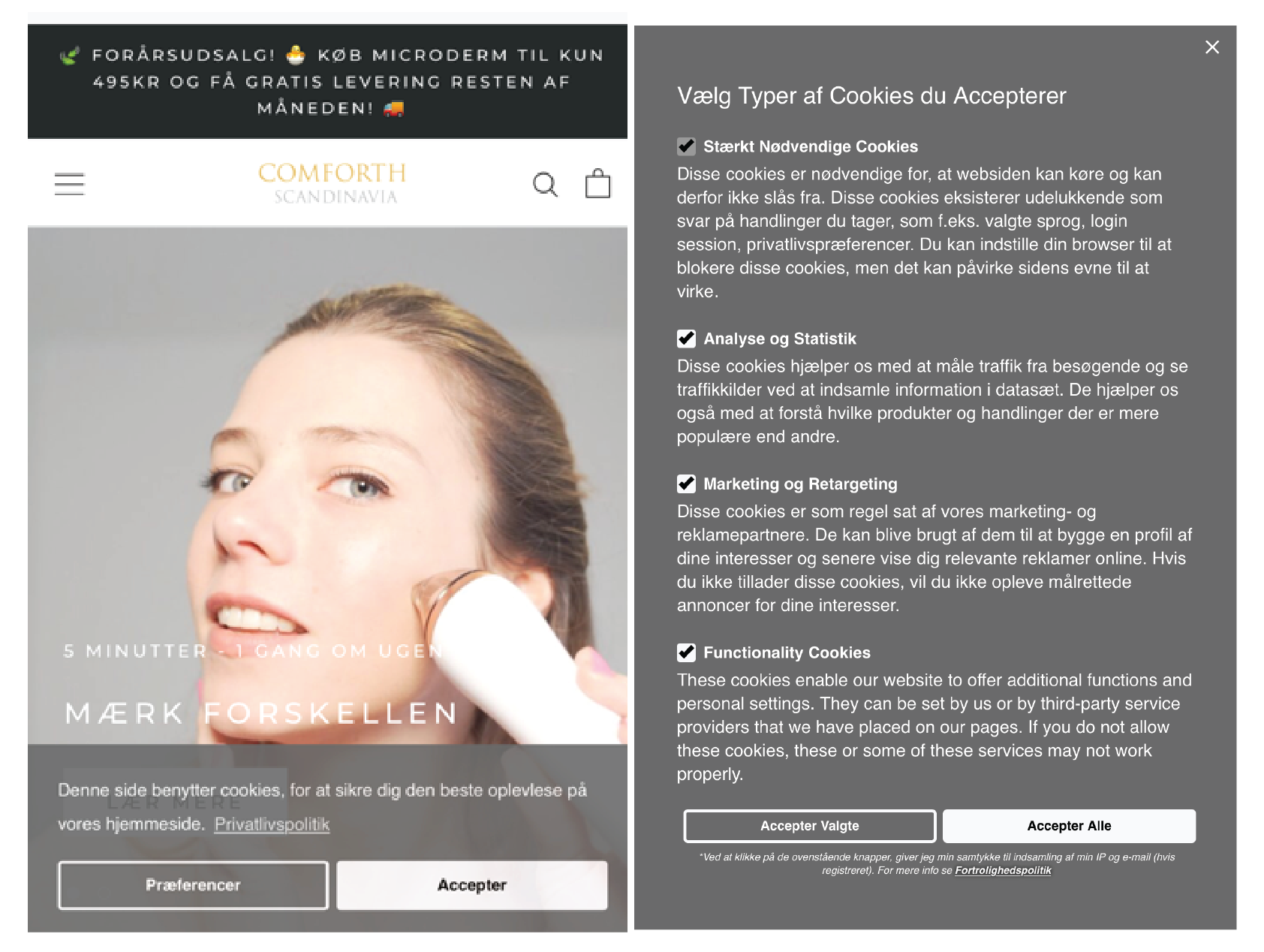 Cookie Consent Bar + Preferences popup on mobile