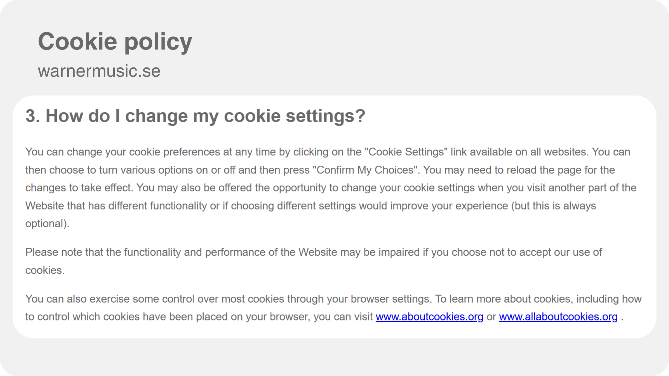 Section of Warner’s cookie notice showing the misleading “functionality may be impaired” statement.