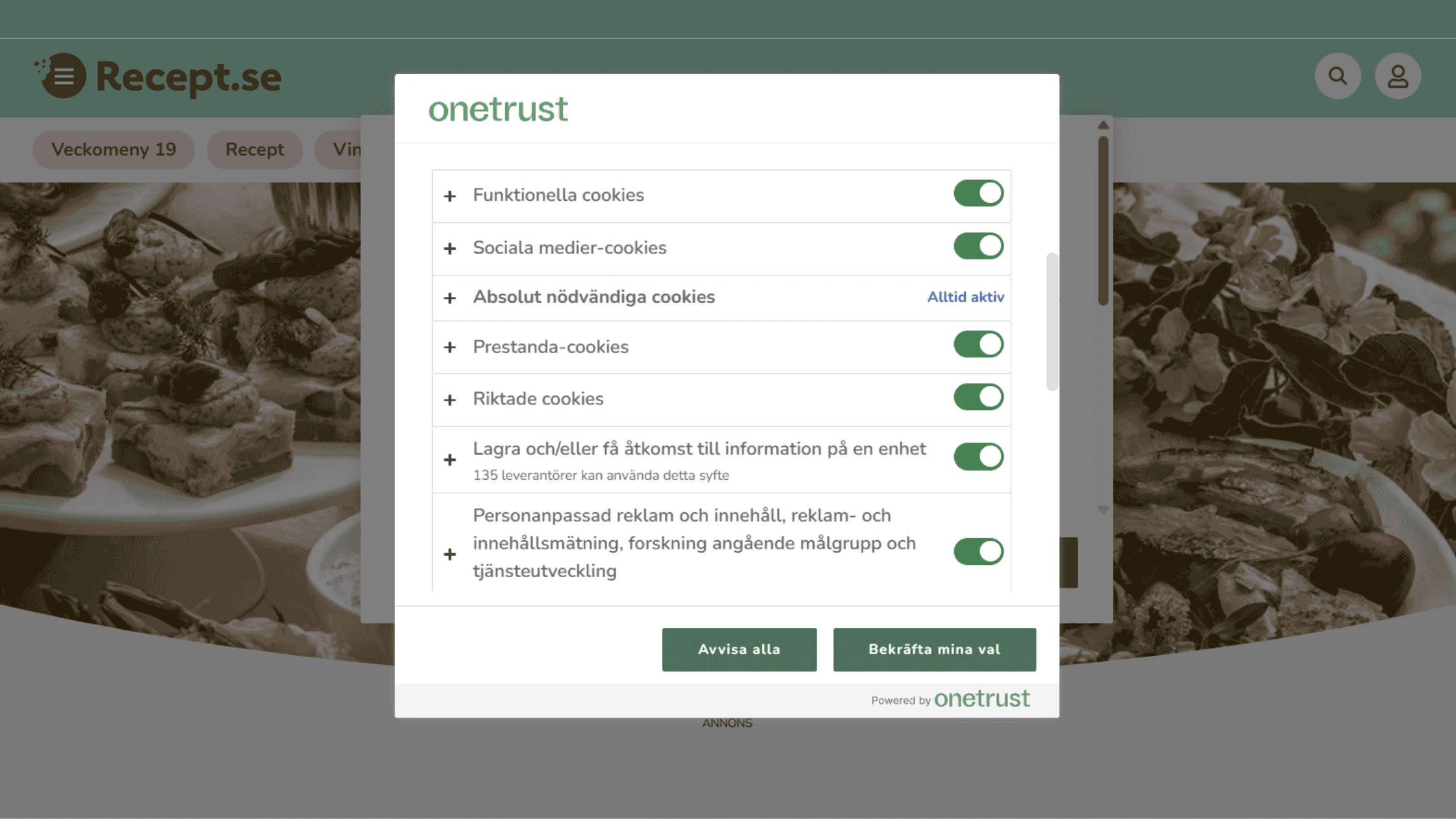 Recept.se cookie banner showing all categories were activated before user consent.