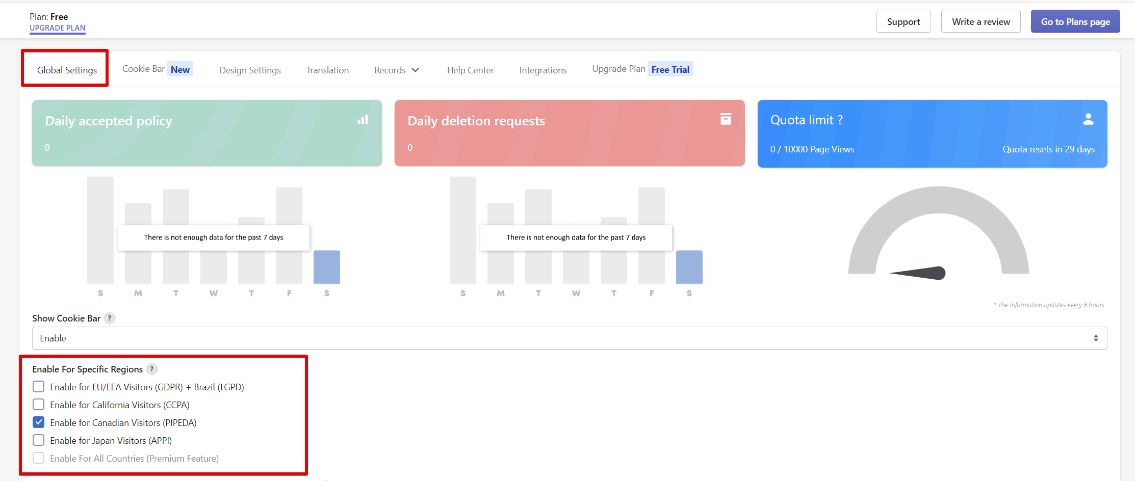 Enable Consentmo for the PIPEDA region from Global Settings