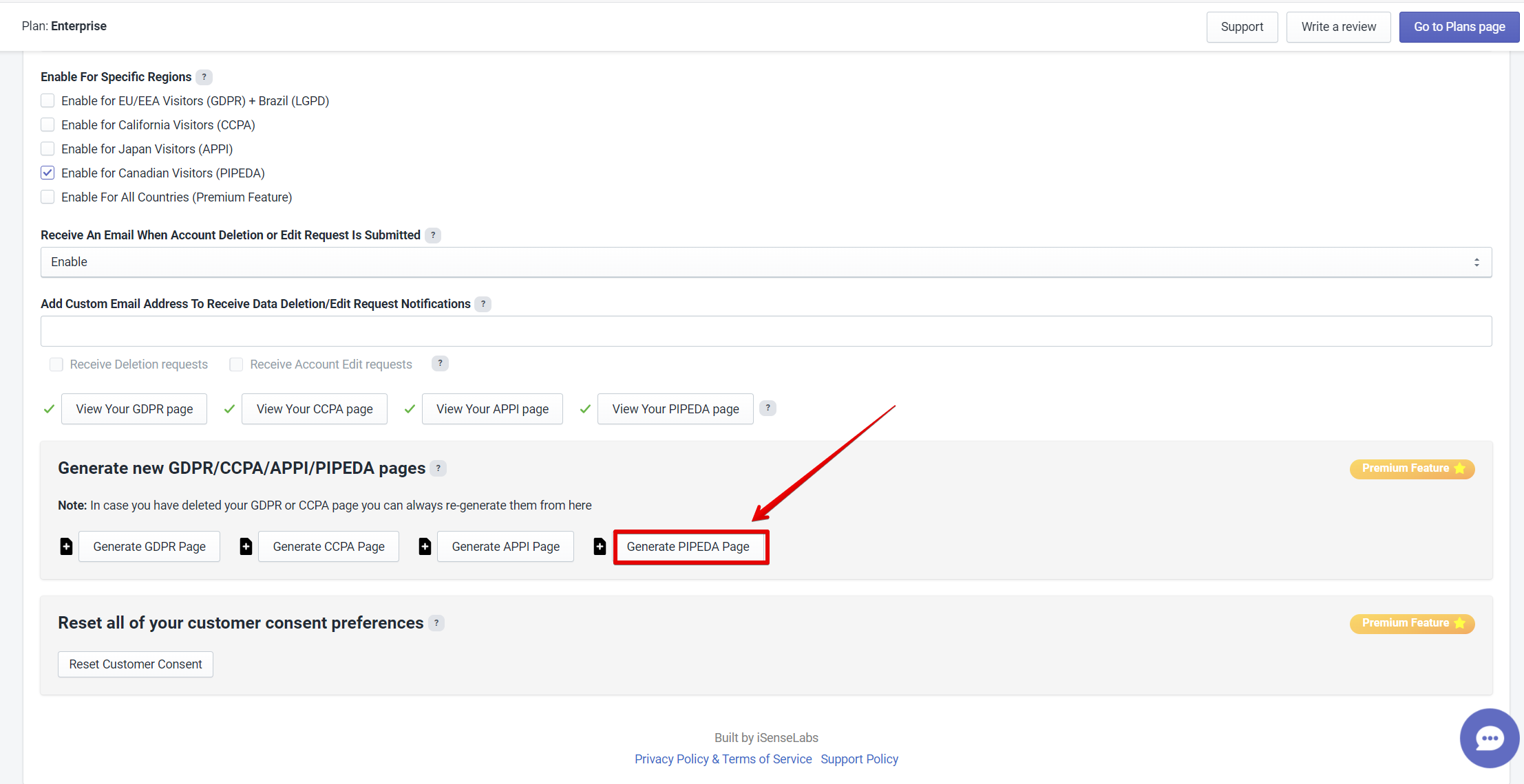 Automatically generate a PIPEDA Compliance page