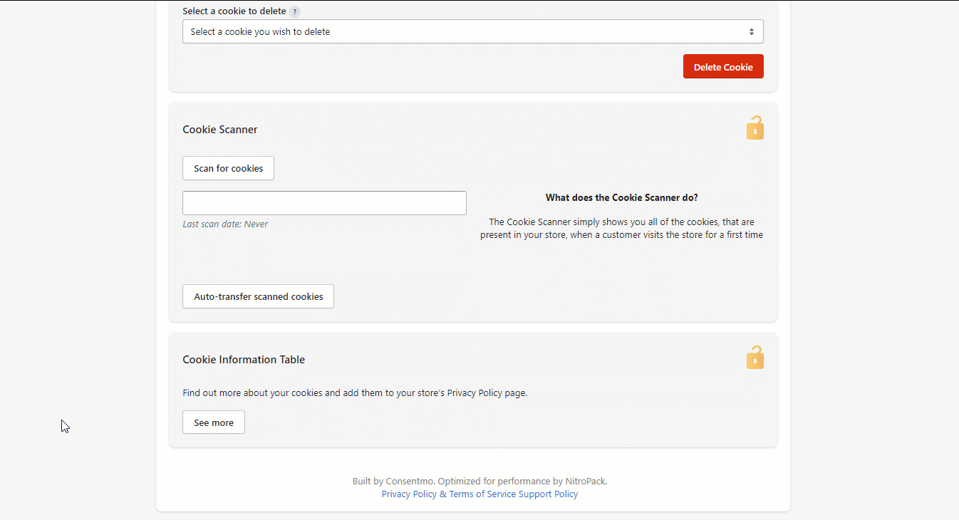 Cookie Information Table in Consentmo GDPR Compliance app for Shopify