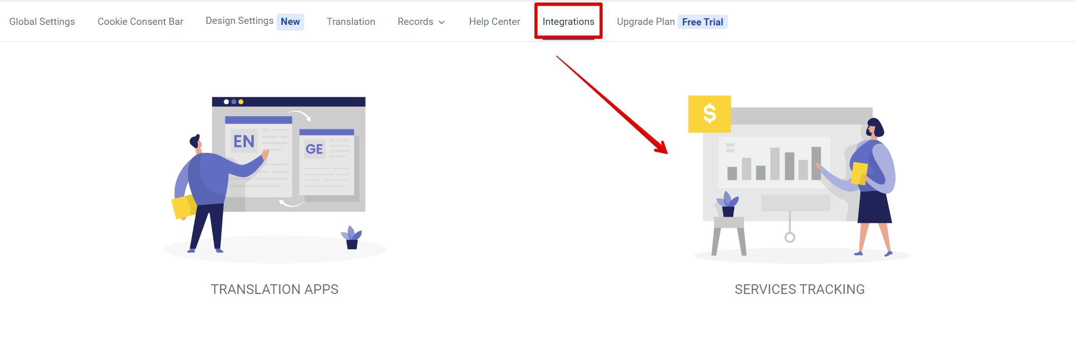 Service tracking section in the Integrations tab