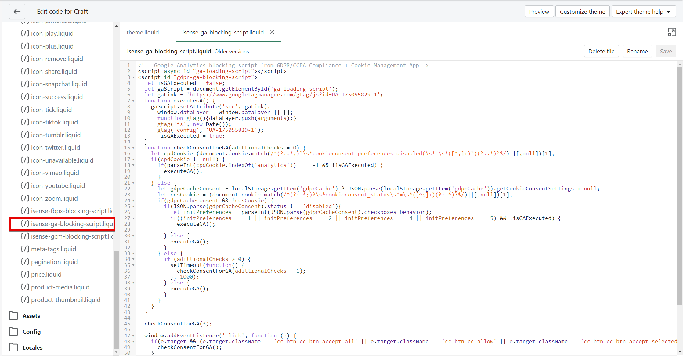 The added file in the "Snippets" folder that contains the blocking script