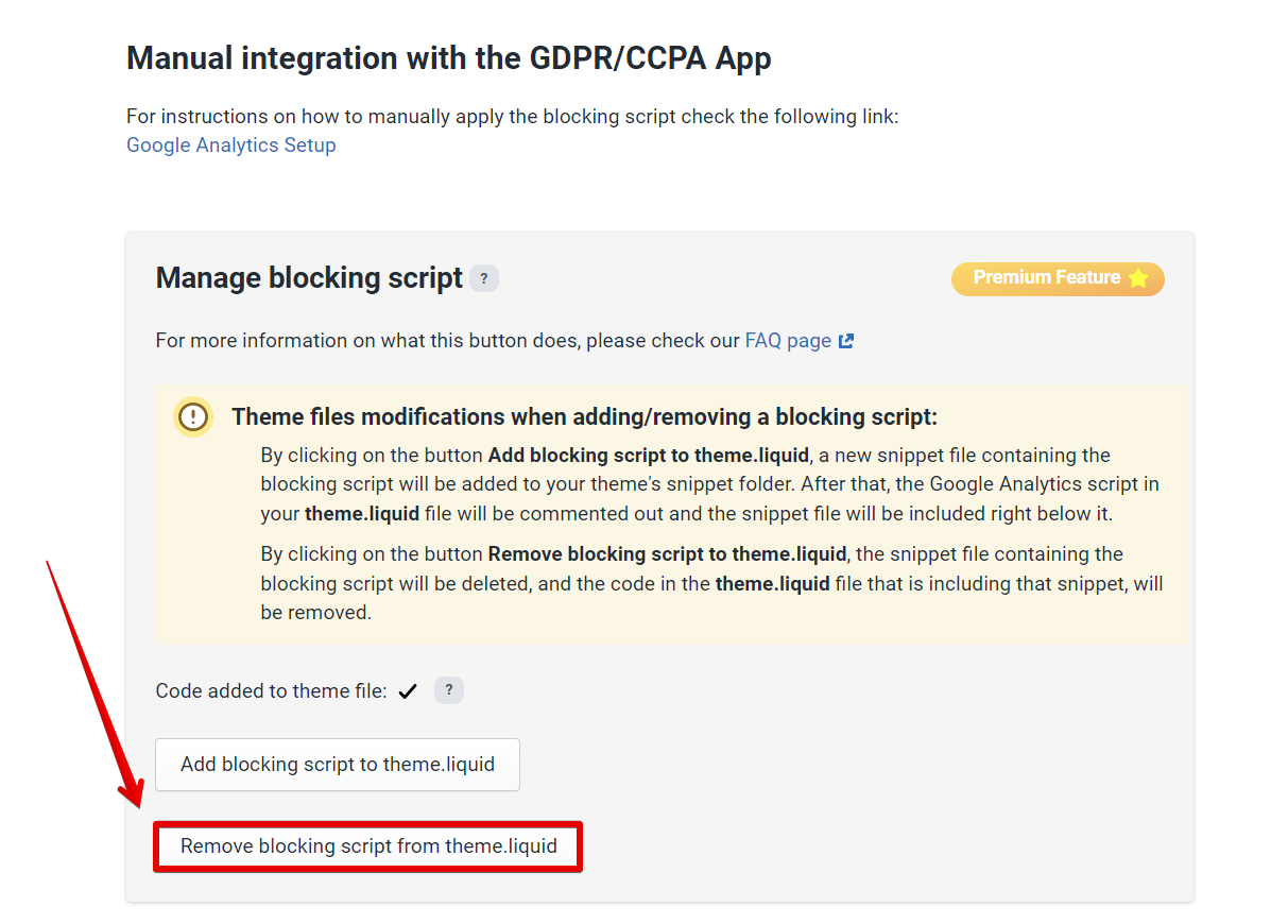 The "Remove blocking script from theme.liquid" button