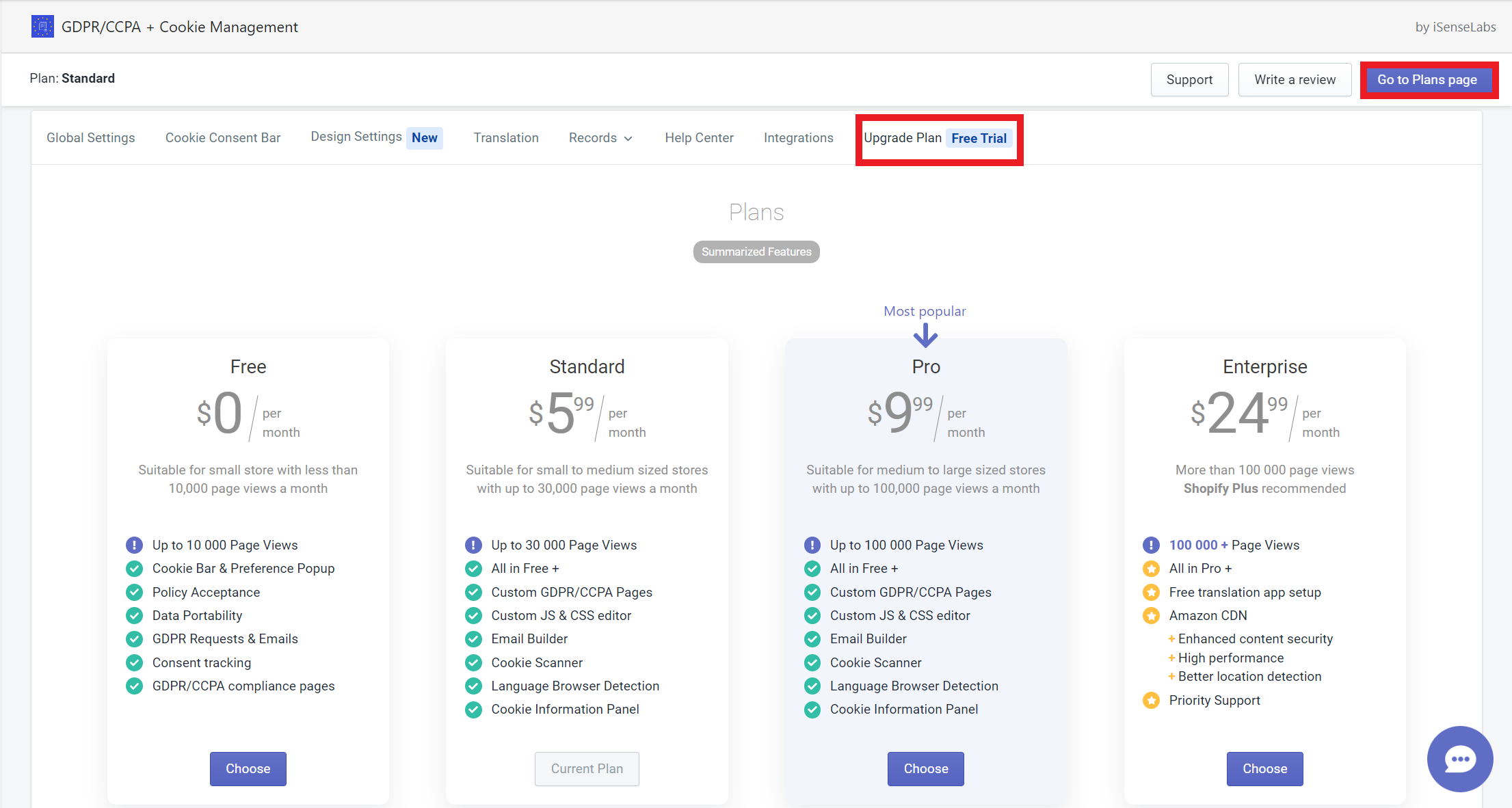 The Upgrade plan tab in Consentmo