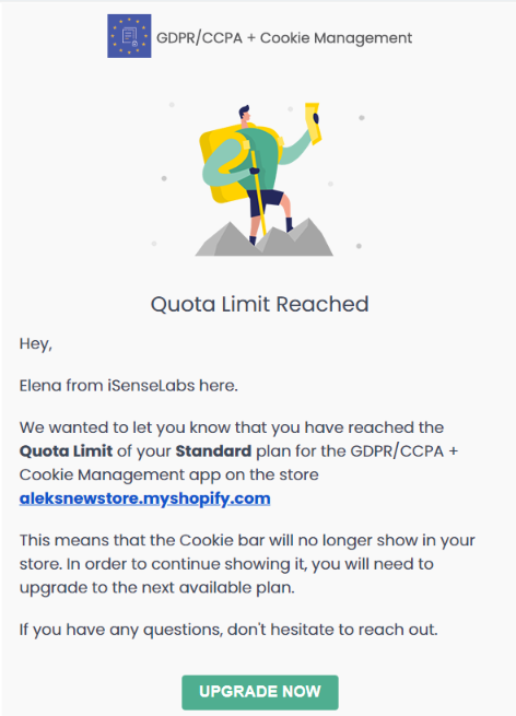 The email notification for the quota limit reached