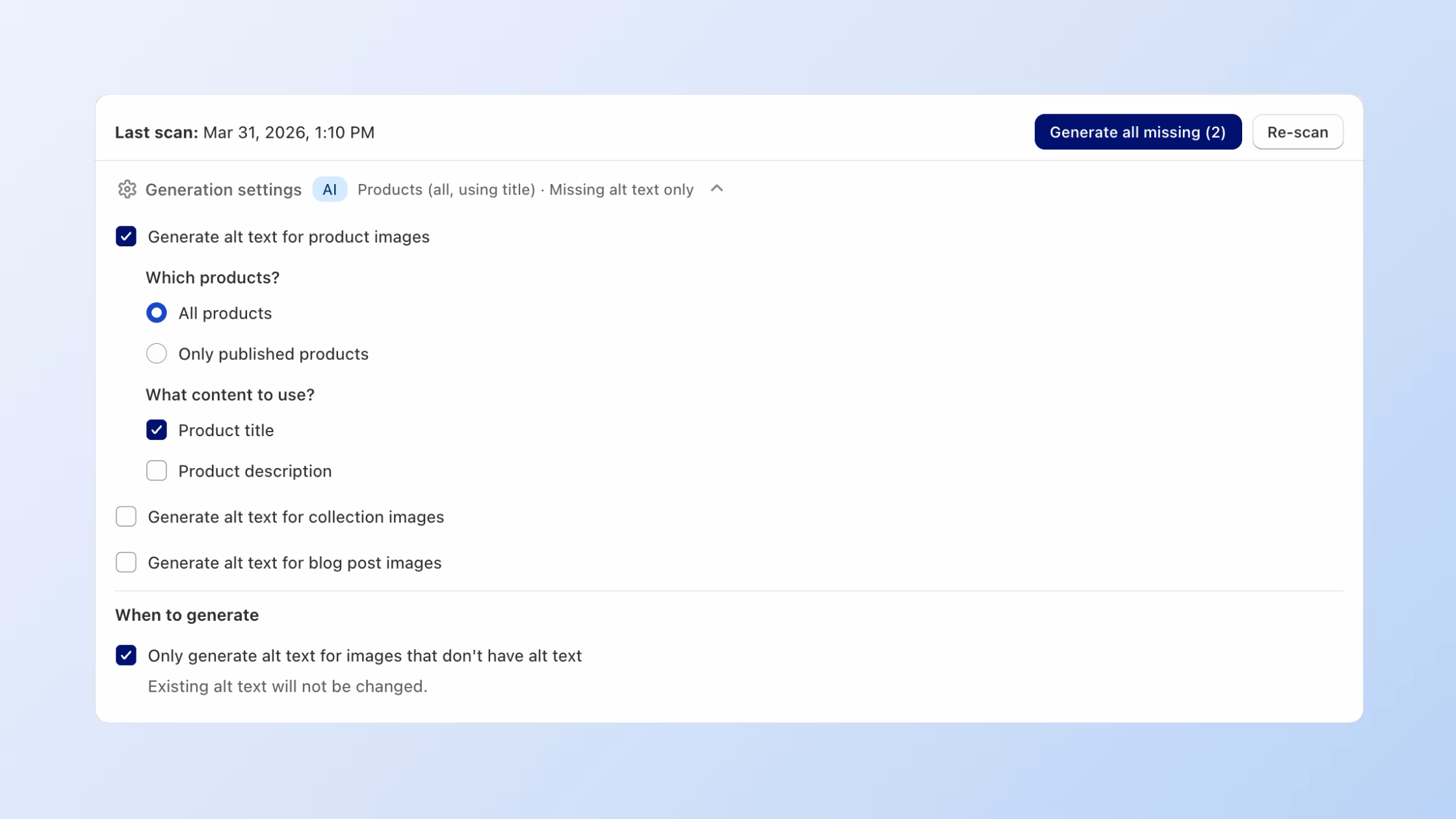 The Generation Settings menu for the Consentmo AI Alt Text Manager. It shows granular configuration options for automating accessibility, including toggles to generate alt text for product, collection, or blog post images. Users can choose to use the Product Title or Description for the AI-generated content and set rules to only target images currently missing alt text, ensuring existing SEO work isn't overwritten.