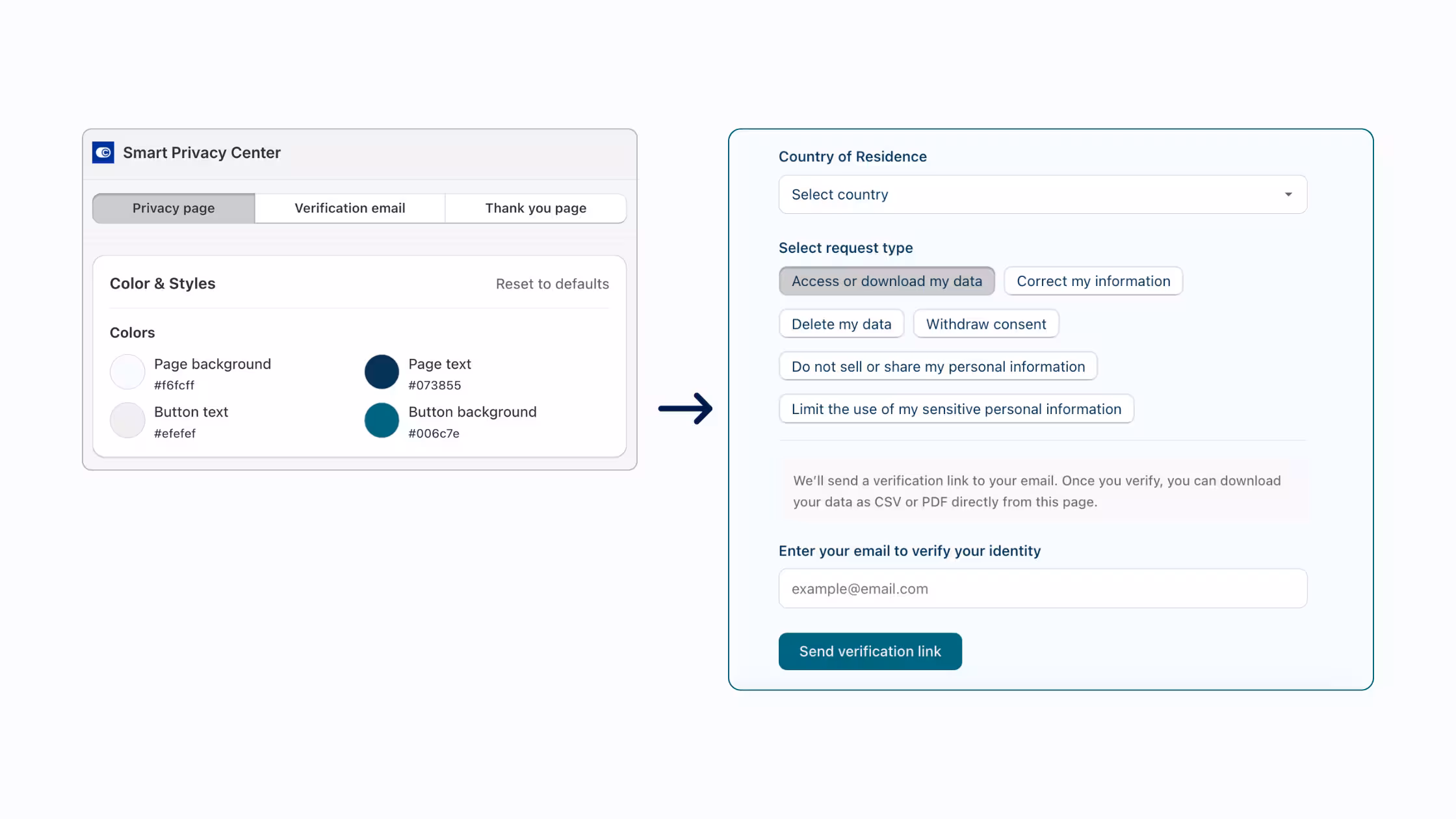 The "Inner design" settings for a cookie preference center, showing customization options for Background color, Text color, Links color, and Button primary color, with hex code inputs for each.