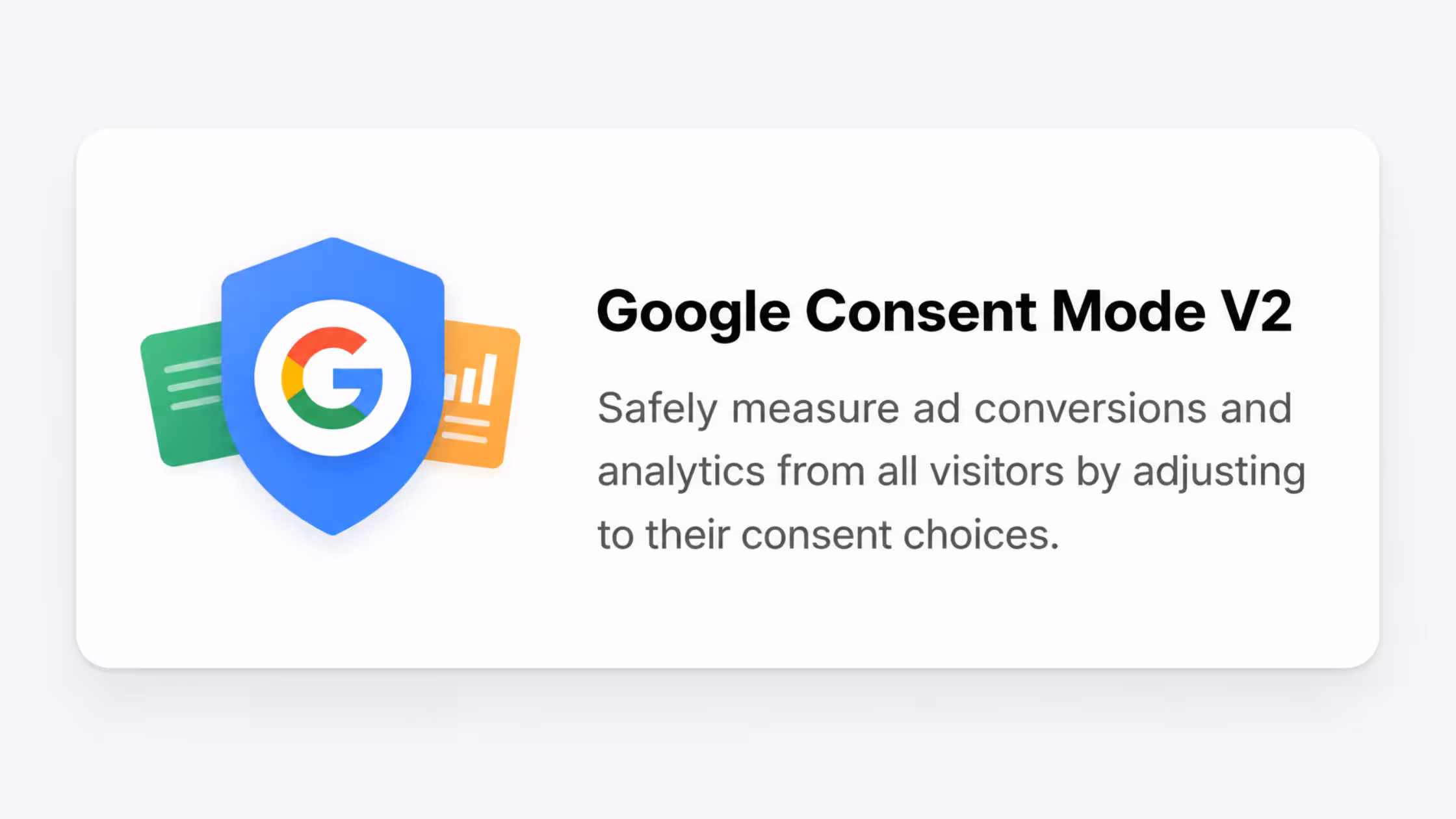 A card highlighting "Google Consent Mode v2" integration, illustrating how the banner communicates user consent signals to Google services for privacy-compliant tracking.