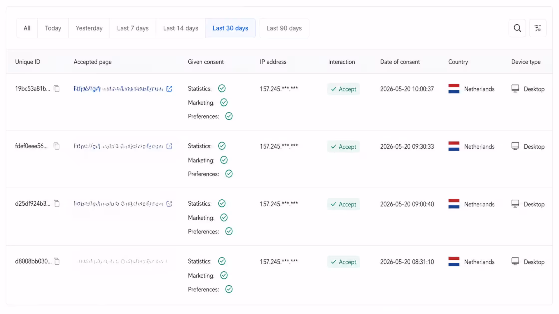 A feature card for "Keeping records of consent (Consent Logs)," explaining the necessity of maintaining a detailed history of user consent to demonstrate compliance during audits.
