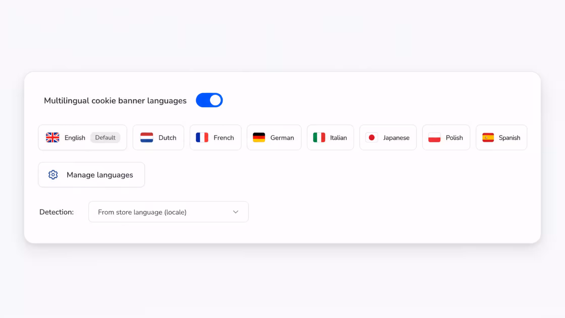 A feature card highlighting "Multilingual support," emphasizing the importance of providing a cookie banner in the store's primary language to ensure user understanding and compliance.
