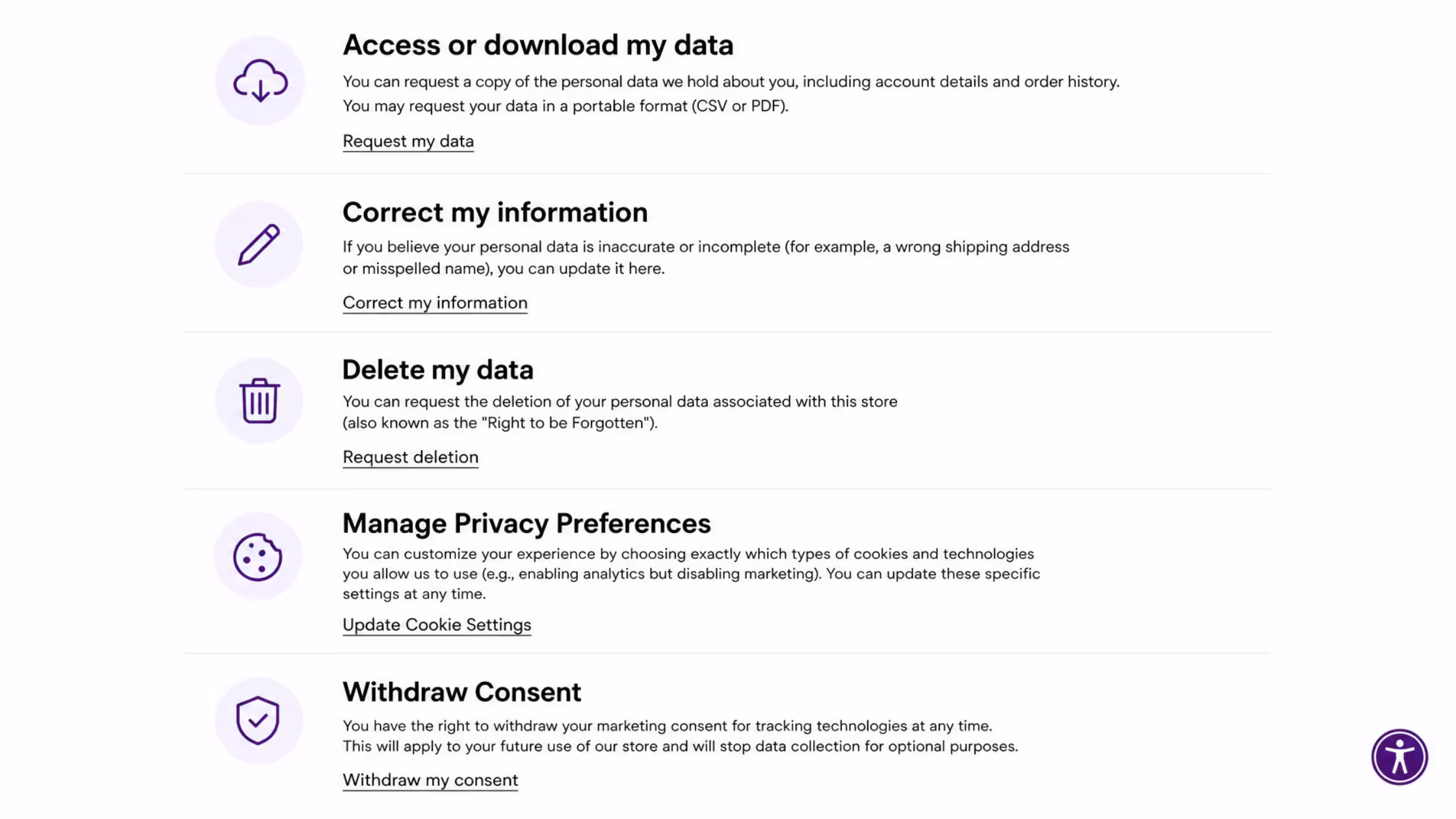 Consentmo APPI data rights portal showing options for customers to access, correct, or delete their data, manage cookie preferences, and withdraw marketing consent.