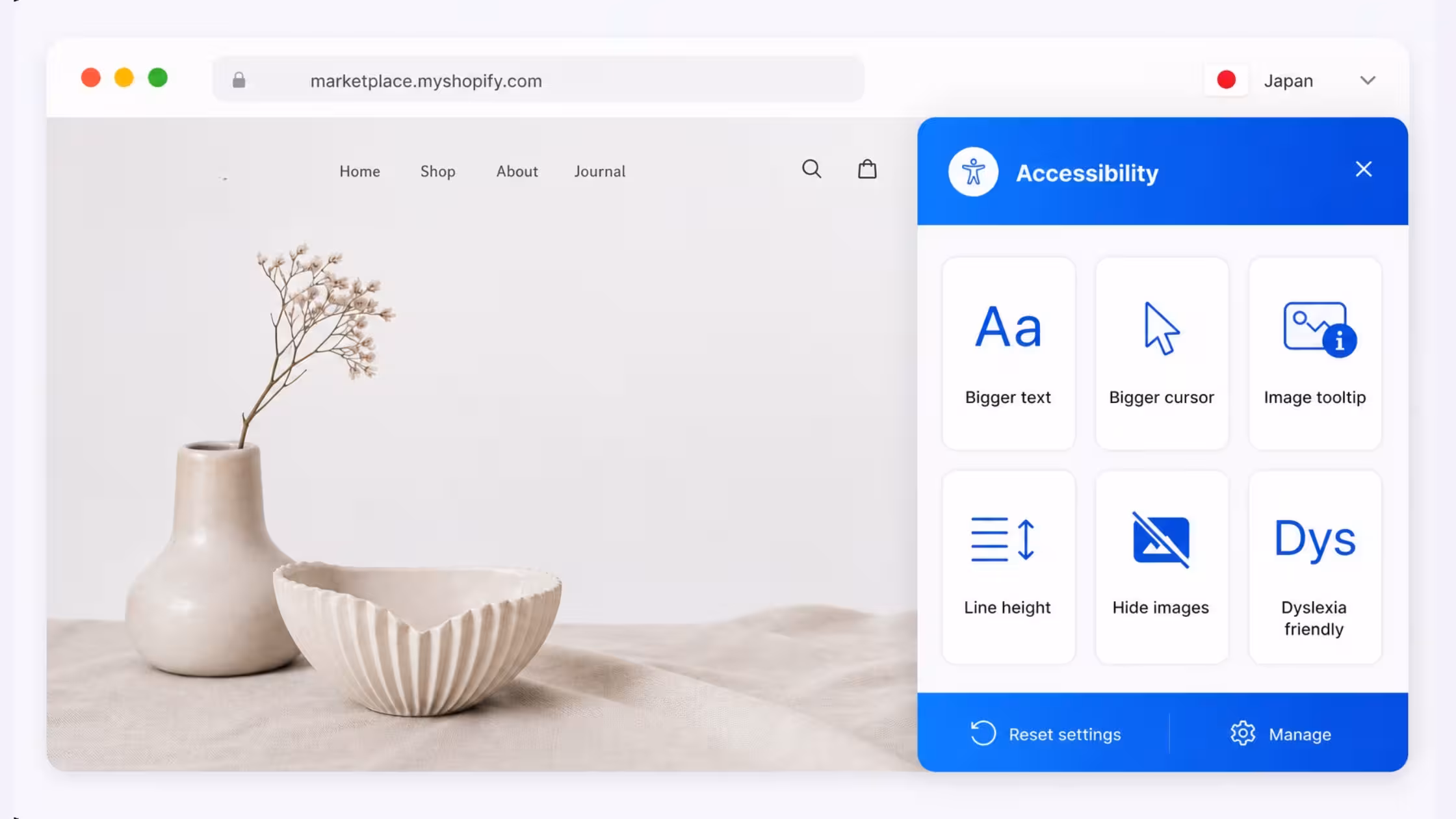 Consentmo accessibility widget displayed on a Shopify storefront, showing a blue-headed sidebar menu with options for bigger text, bigger cursor, image tooltip, line height, hide images, and dyslexia-friendly mode, with a Japanese flag indicator for APPI compliance context.