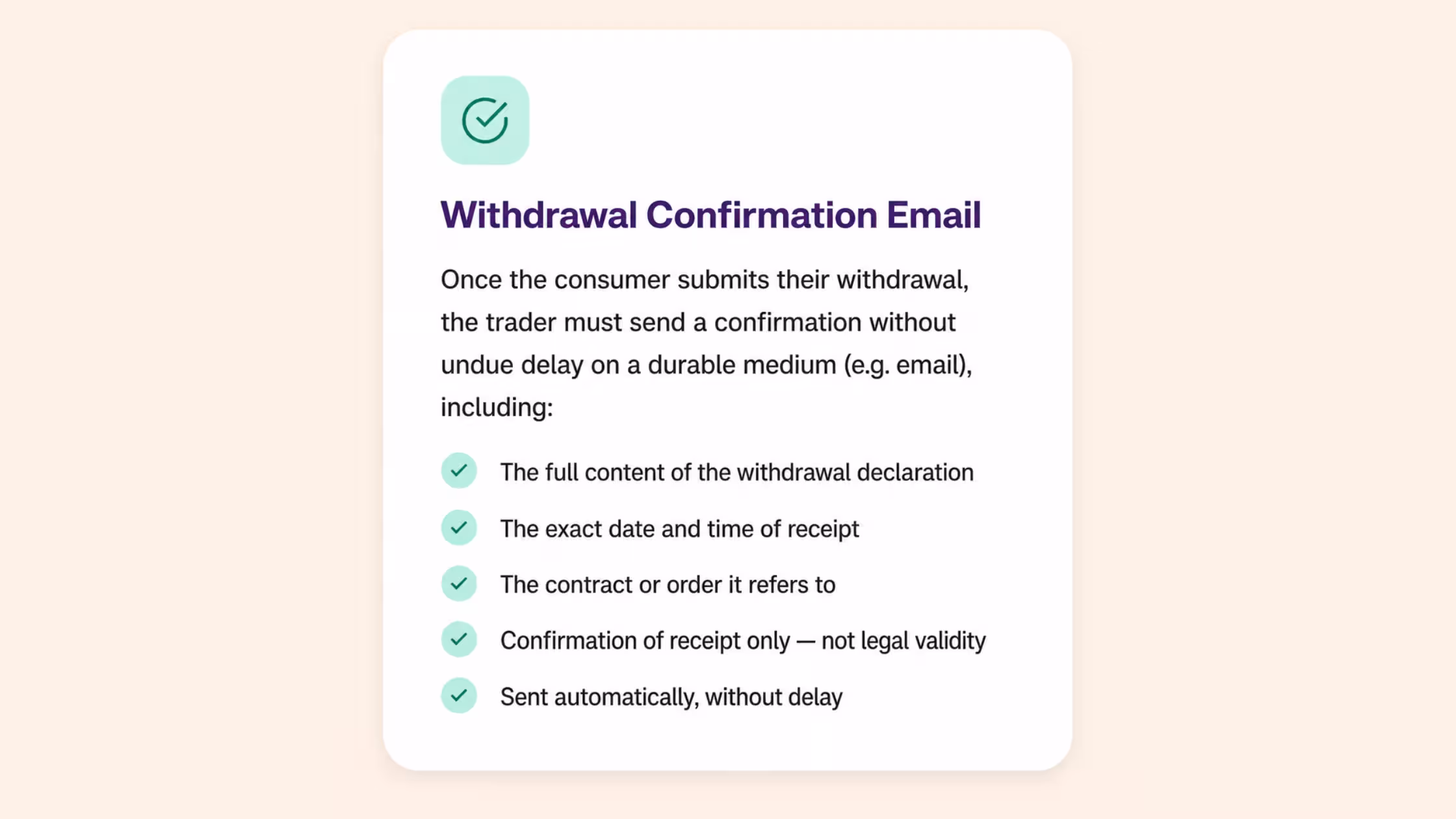 A card titled "Withdrawal Confirmation Email" detailing the legal requirements for a customer confirmation email. It includes a checklist stating the email must contain the date and time of submission, the withdrawal acceptance confirmation, and full withdrawal details, set against a vibrant blue gradient background.
