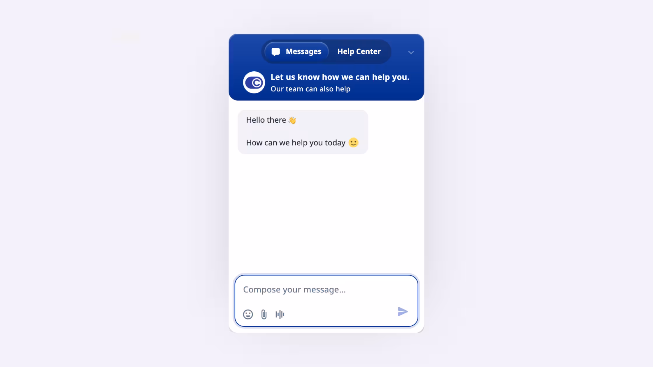 A screenshot of a live chat support window titled "Help Center" within an application. The interface shows a conversation history with helpful responses and a blue "Send us a message" button at the bottom, indicating available real-time customer assistance.