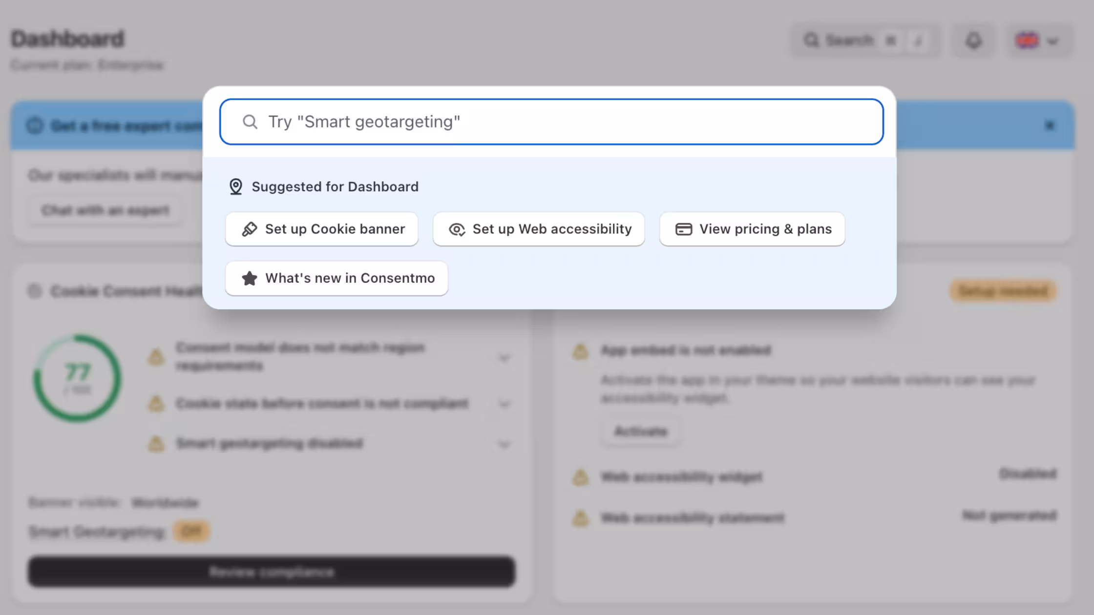 A screenshot of the Consentmo Help Center search page. It features a prominent search bar with the placeholder "Search for articles..." and several categorized knowledge base sections below it, including "Compliance Settings," "General," and "Consent Display Bar," each showing the number of available help articles.