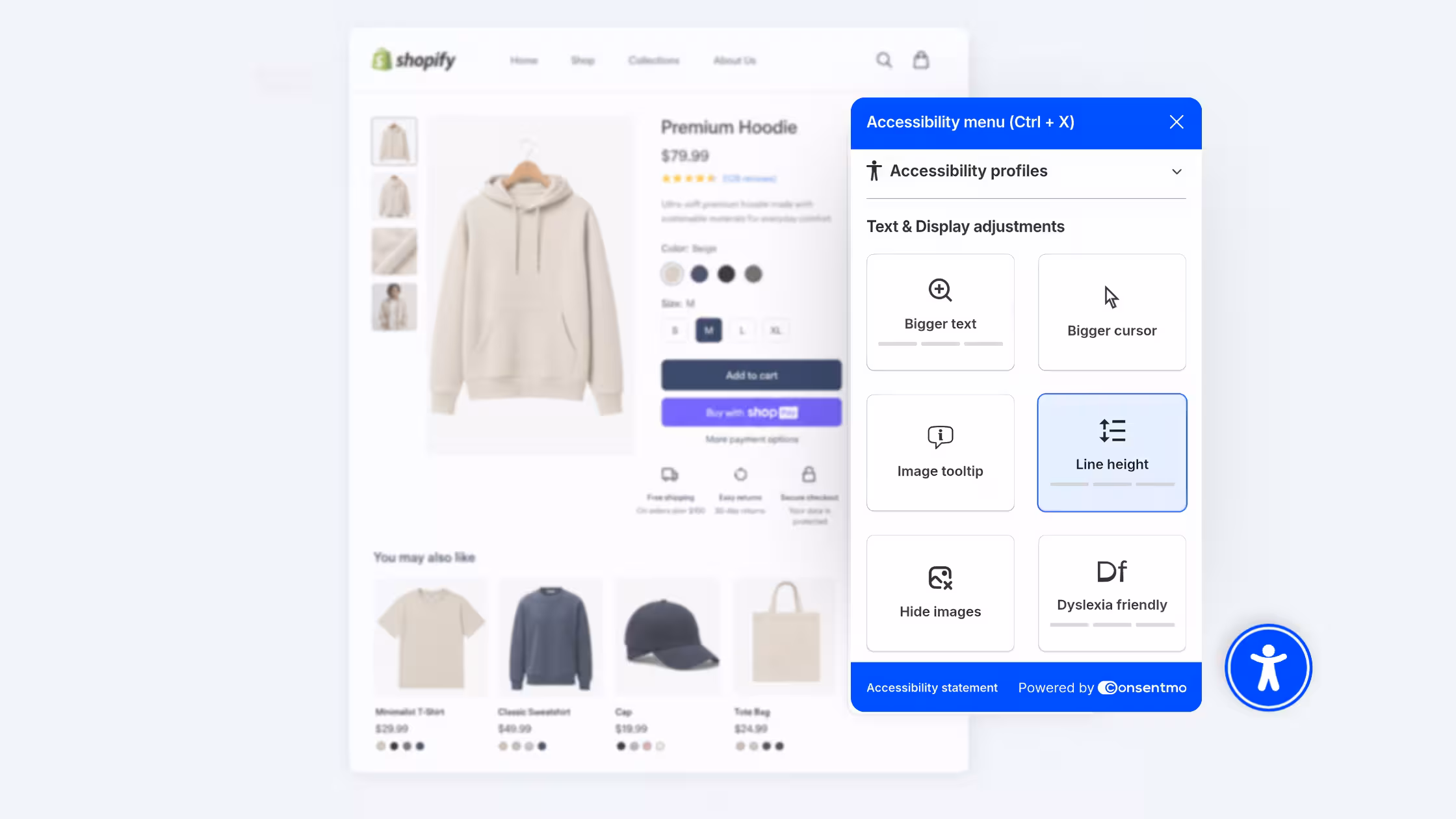A screenshot showing the Consentmo accessibility menu active on a Shopify product page for a "Premium Hoodie." The blue widget overlay provides "Text & Display adjustments," including options for bigger text, a bigger cursor, image tooltips, line height adjustments, hiding images, and a dyslexia-friendly font. A small circular blue icon with a person figure is visible in the bottom right corner, serving as the trigger for the accessibility menu.
