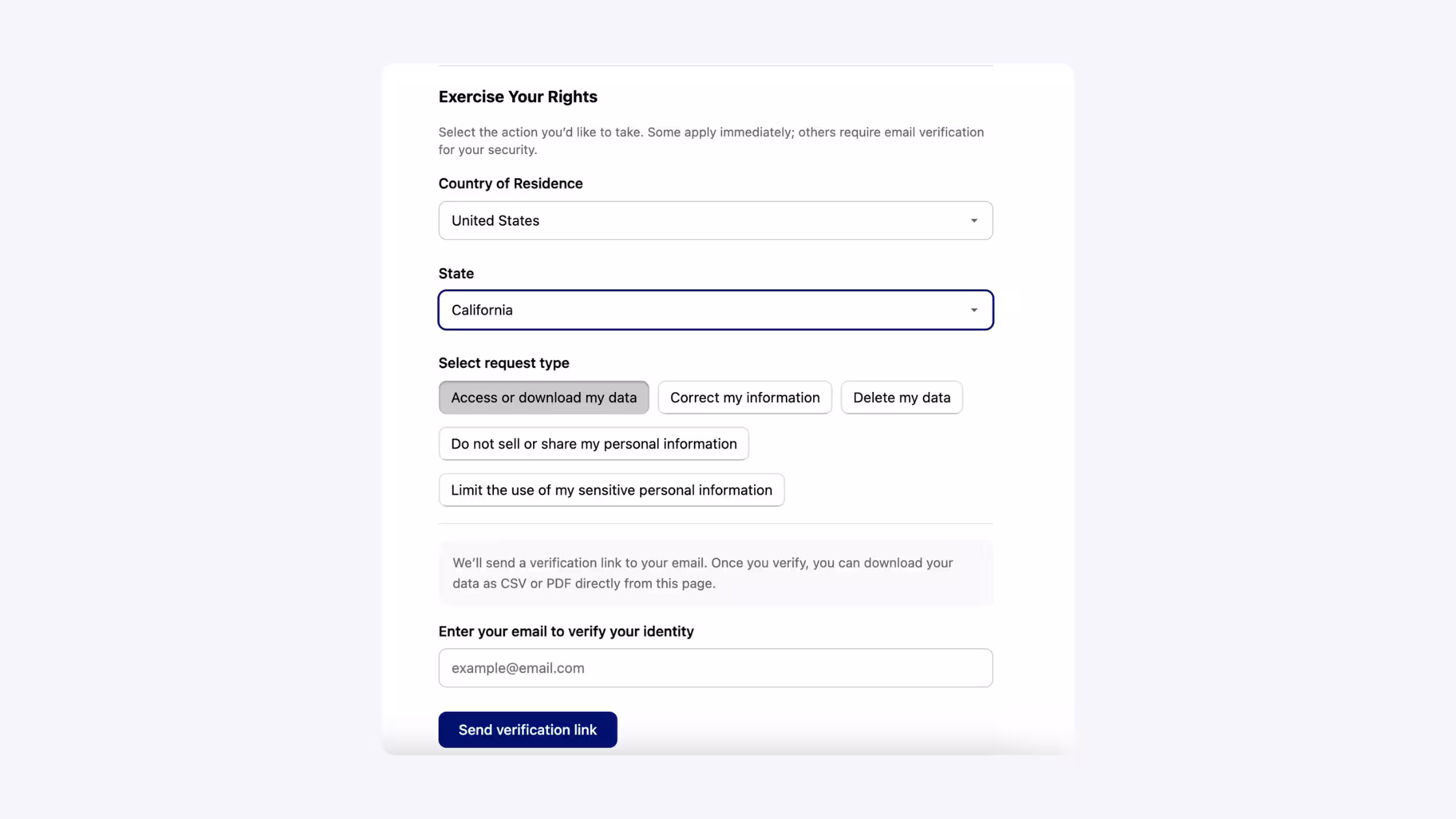 A screenshot of a "CCPA - Data Protection" page. It features specialized request buttons for California residents, including "Do Not Sell or Share My Personal Information" and "Request Report," enabling users to exercise their privacy rights.