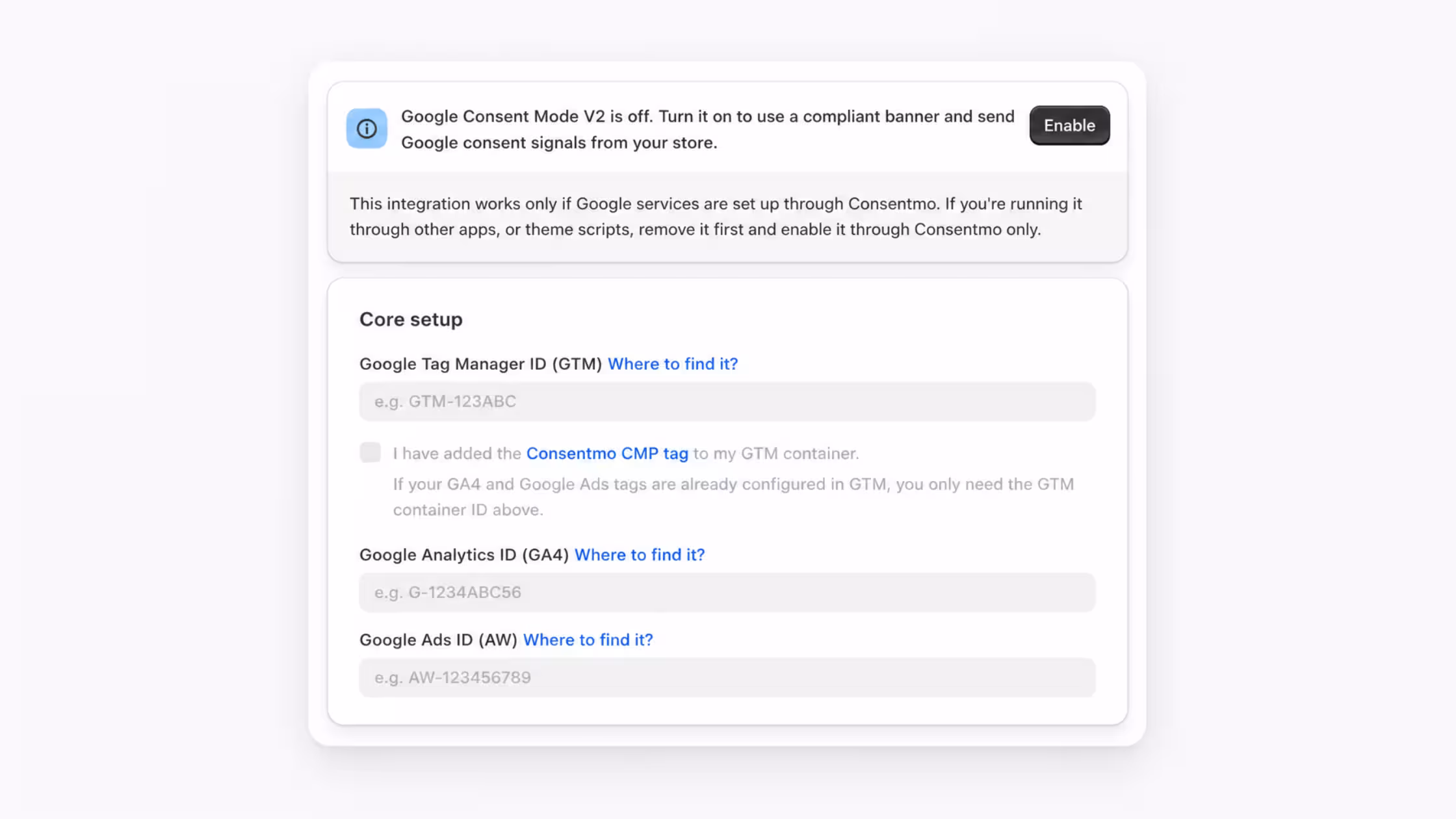 A UI snippet showing the integration toggle for Google Consent Mode v2, enabling automated signal sharing with Google Tag Manager and Ads for privacy-safe tracking.