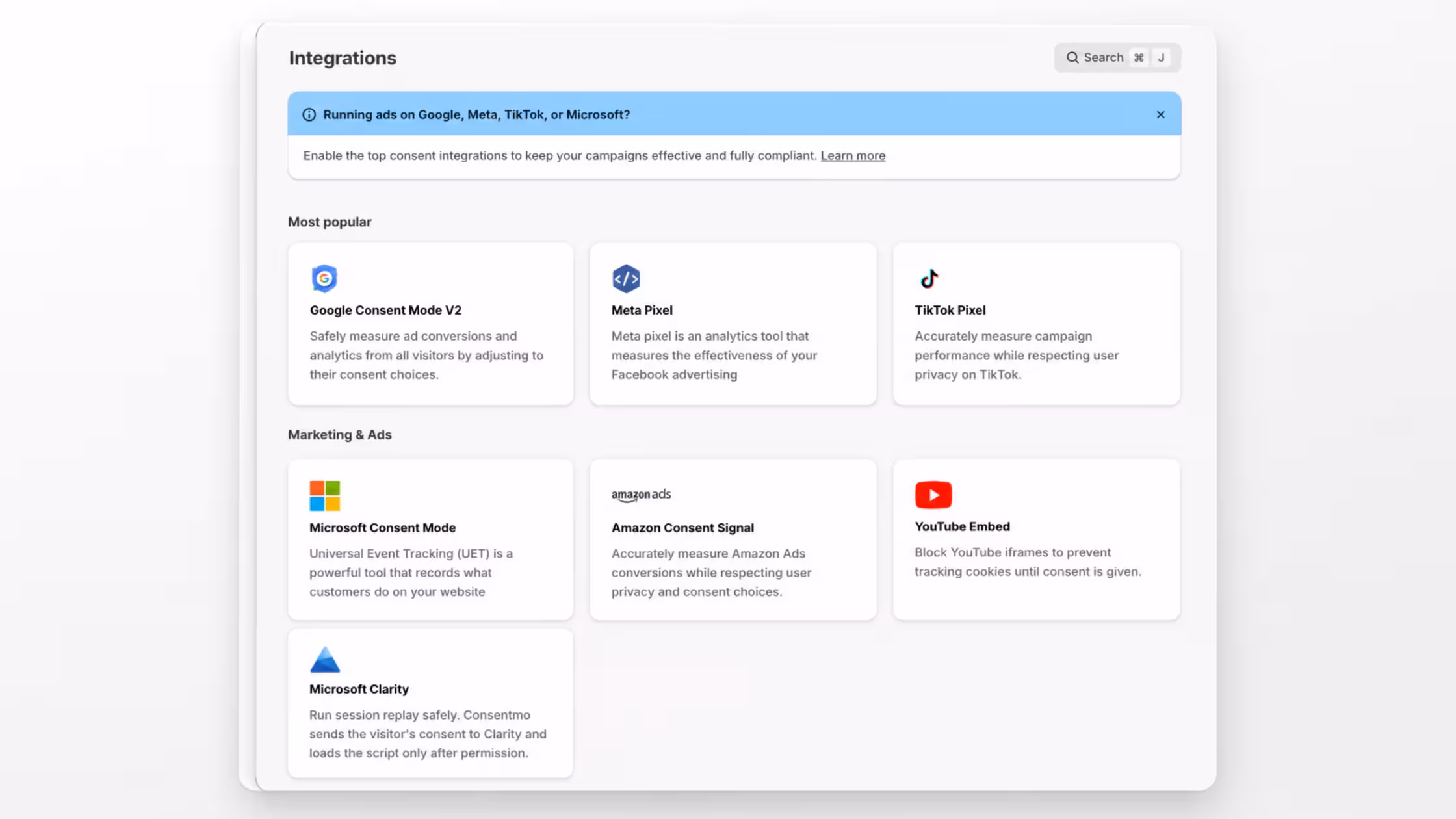 A collage of logos including Shopify, Google, Meta, and various marketing tools surrounding the Consentmo icon, representing a fully connected compliance ecosystem.