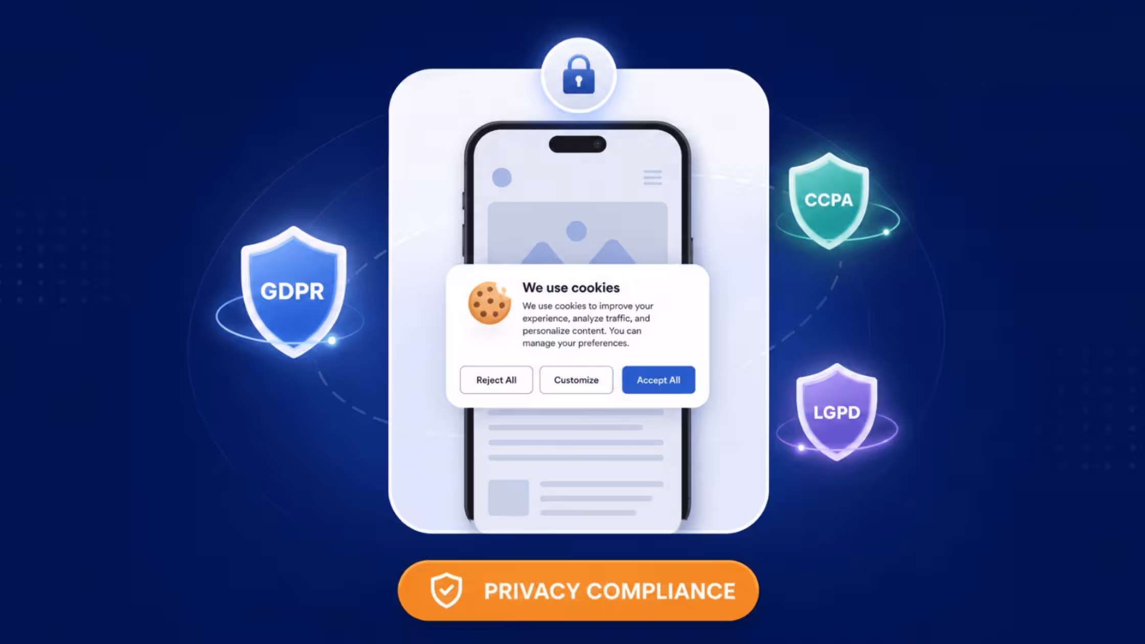 A close-up view of a smartphone app showing Consentmo's cookie consent setup. It features clear, mobile-optimized custom options allowing users to quickly toggle on or off specific tracker categories like "Necessary," "Functional," and "Marketing" data.