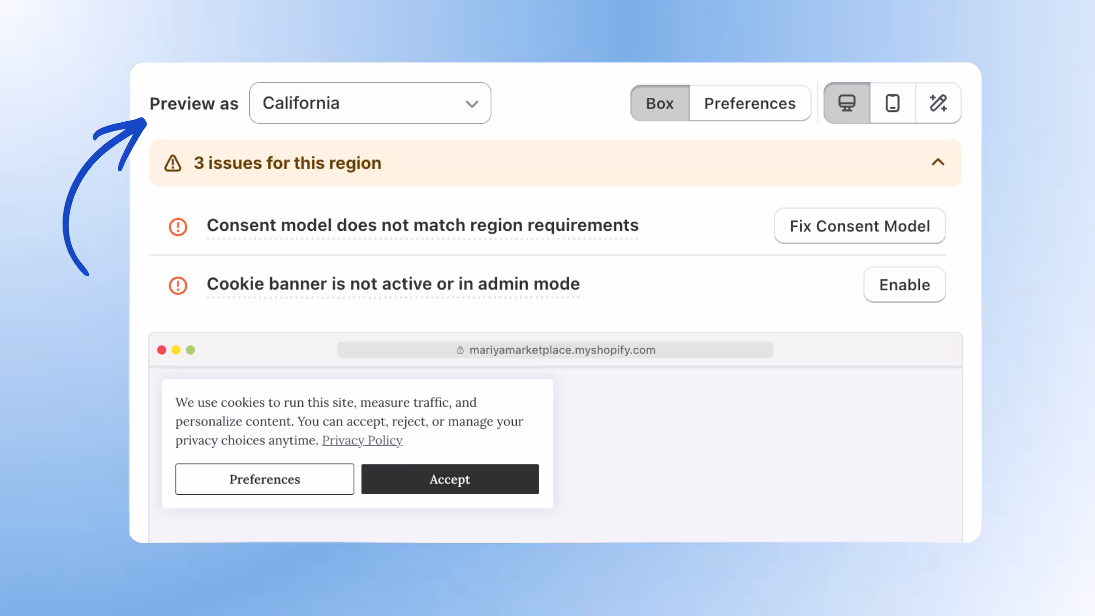 This graphic highlights the "Preview As" tool inside the Consentmo dashboard. It showcases a location dropdown selection feature that allows merchants to instantly see and test how their cookie banner looks and behaves for visitors in any specific country or US state (e.g., mimicking regional visitors without needing a VPN).