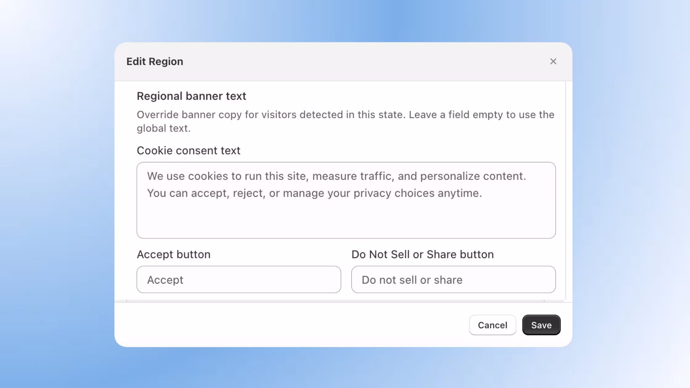 A settings panel layout for managing "Banner text & Behavior". It features localized configuration tabs for different regions (such as the EU, California, and Canada), with editable text fields that let merchants customize the exact wording of the privacy message displayed to customers.
