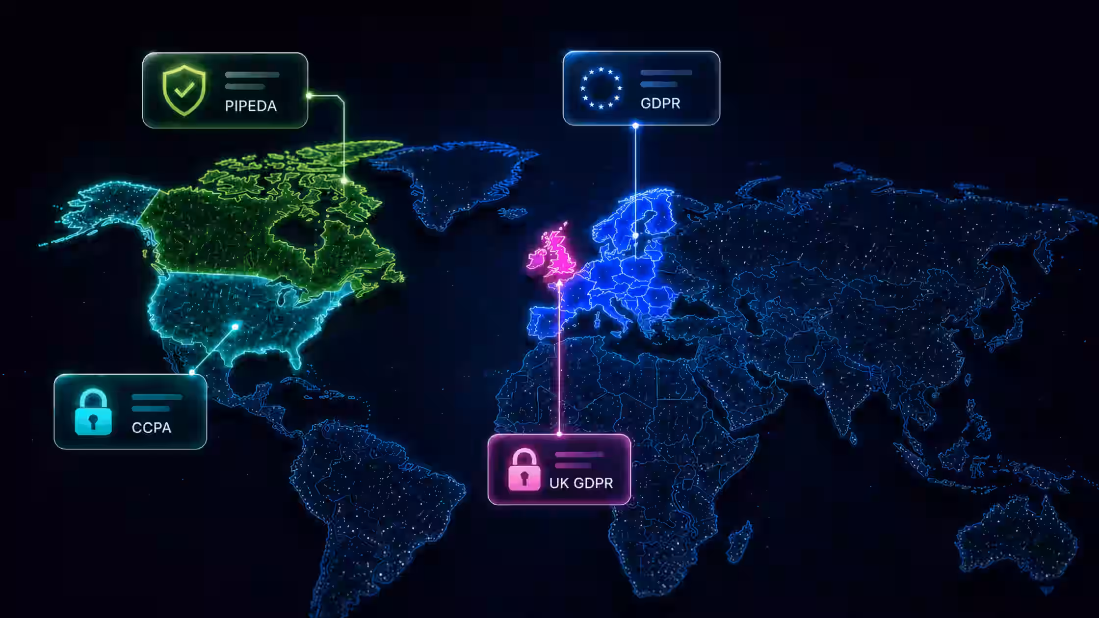This graphic features a glowing, neon digital world map illustrating key regional data privacy laws. It highlights four specific regulatory frameworks linked to their respective geographic areas with colorful callout badges: