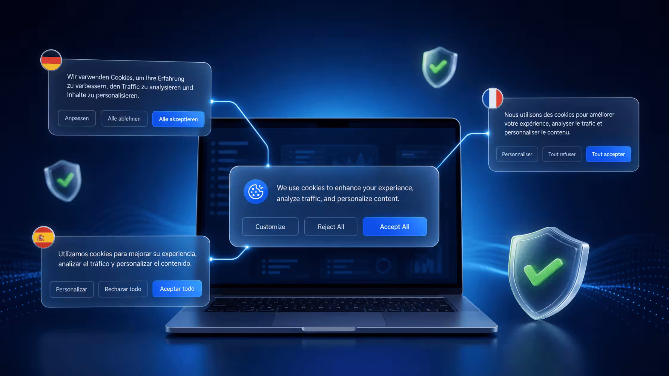 This graphic showcases a laptop displaying a central English cookie consent banner overlay. Glowing lines connect it to translated banner variations, each marked with its respective country flag icon, demonstrating automated multi-language localization for global storefronts: