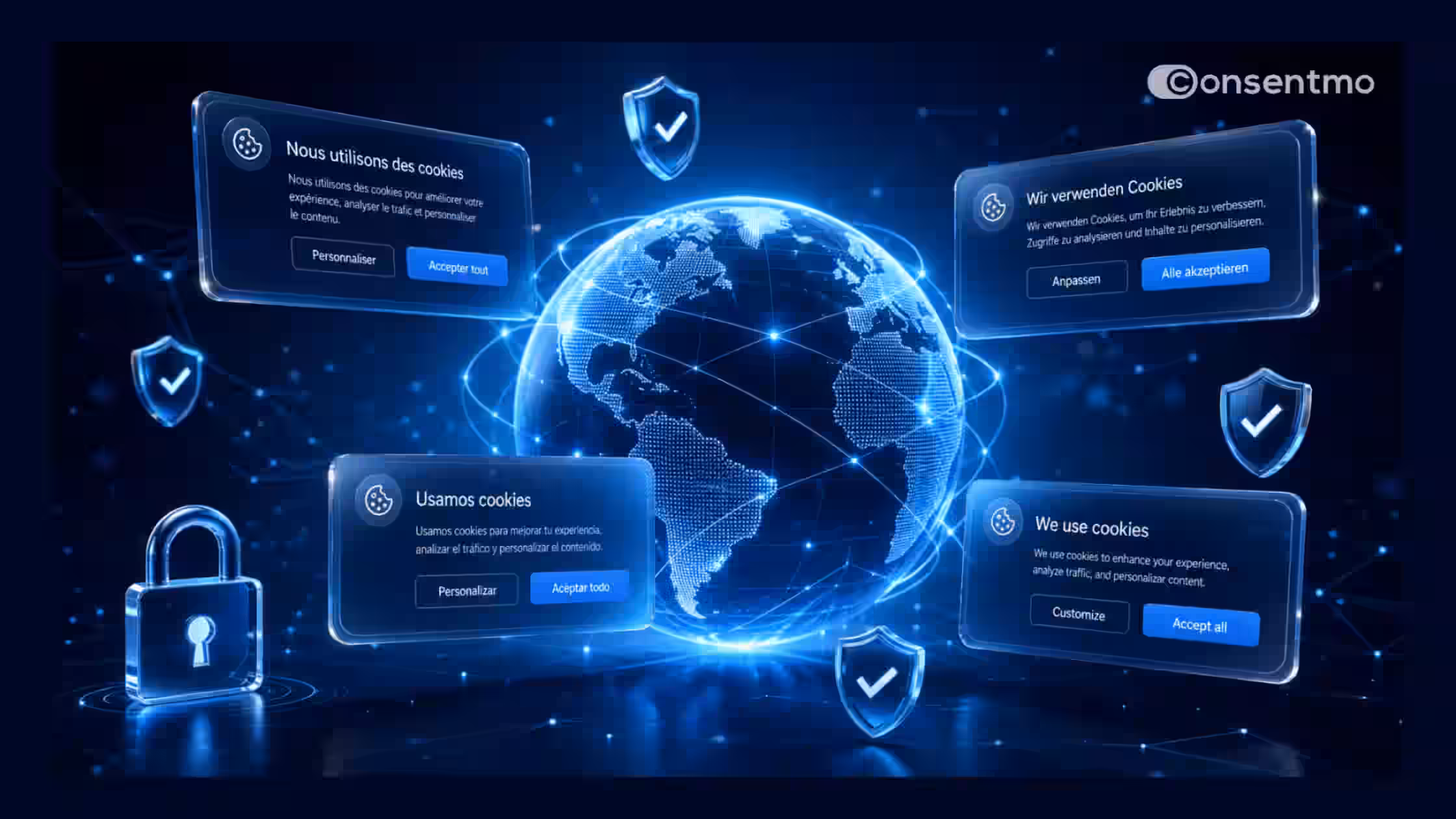This promotional graphic highlights Consentmo’s global cookie banner translation feature. It showcases a glowing digital globe surrounded by floating, glassmorphic cookie consent pop-ups in multiple languages—including English, French, German, and Spanish.
