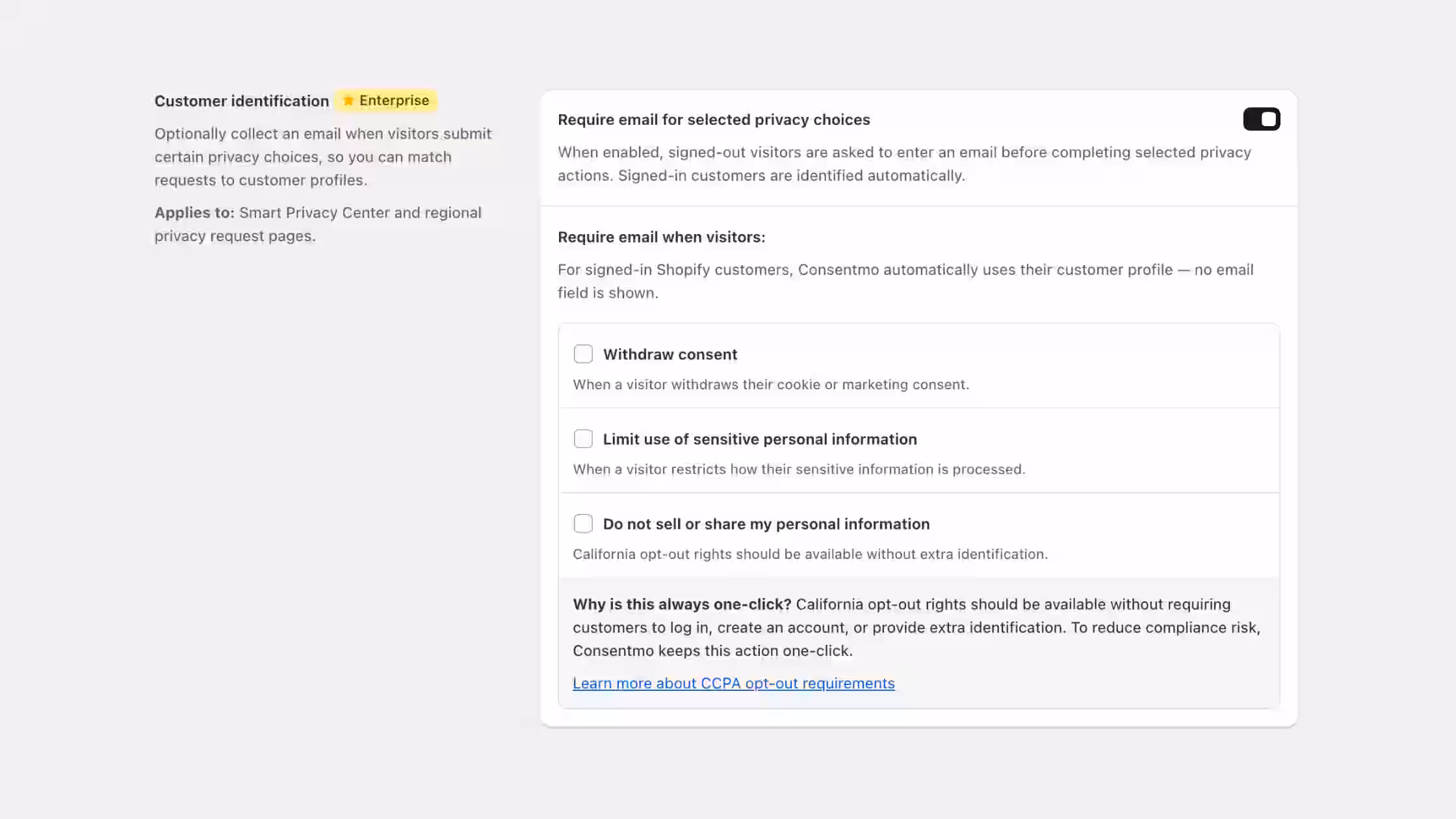 Screenshot of the Customer Identification settings interface featuring a toggle to require email for selected privacy choices, with checkboxes for Withdraw consent and Limit use of sensitive personal information.