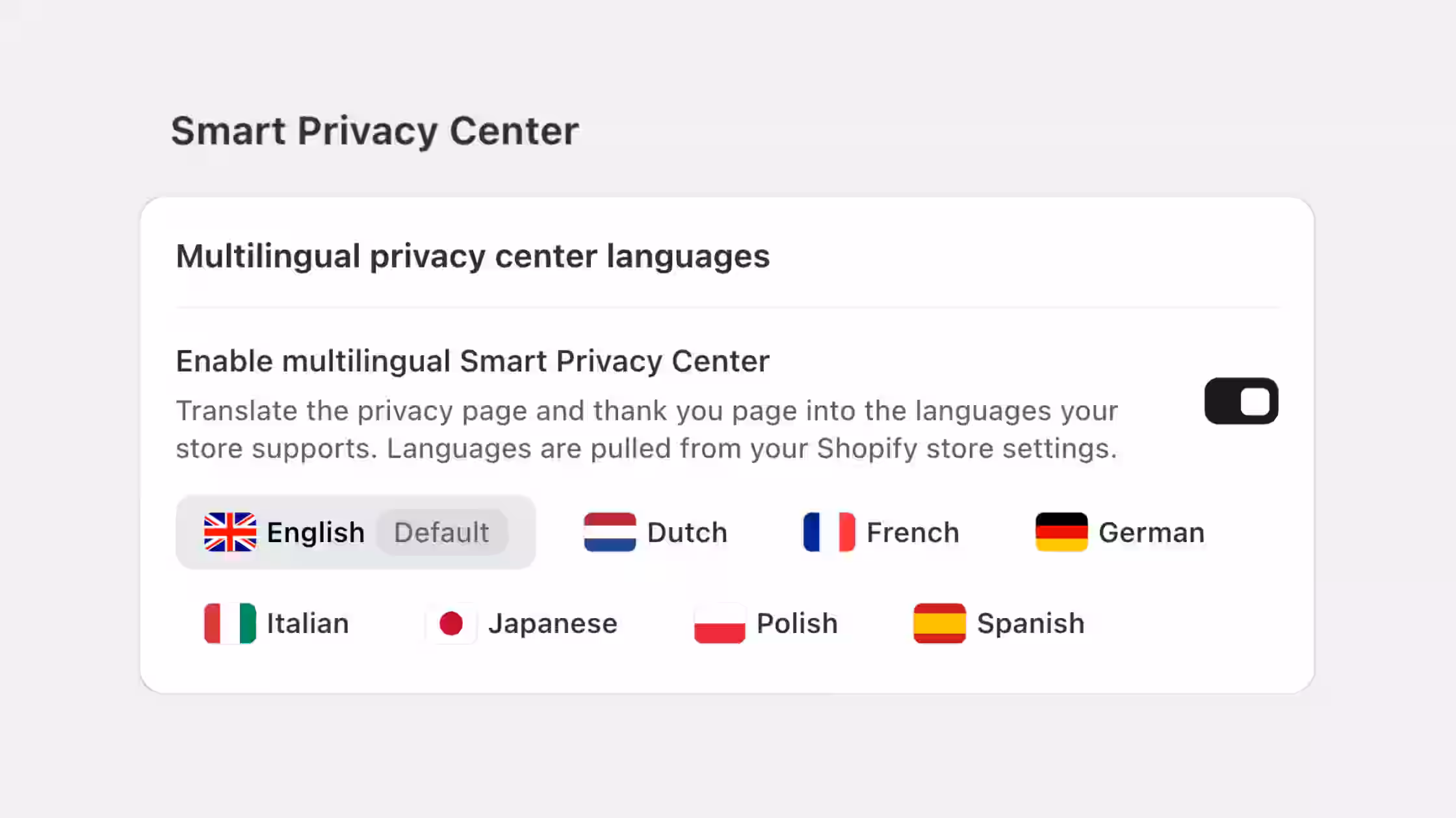 Screenshot of the Smart Privacy Center settings panel showing a toggle to enable multilingual support, with a list of available languages including English, Dutch, French, German, Italian, Japanese, Polish, and Spanish.