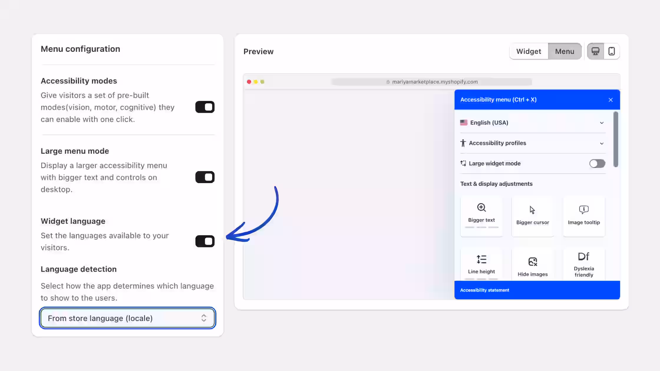 A blue arrow points to the "Widget language" toggle toggle, demonstrating how merchants can set available languages for their visitors. The right side features a live preview of the storefront accessibility menu panel with adjustable tools.