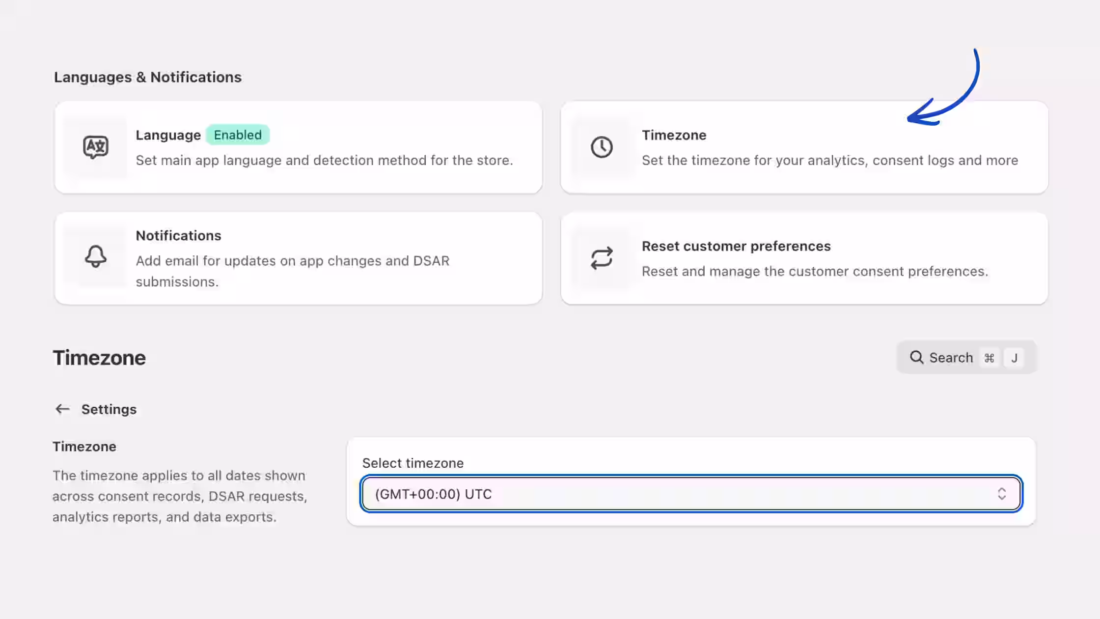 This dashboard view displays the "Languages & Notifications" settings panel, with a blue arrow pointing to the "Timezone" card. Below, the active configuration section allows merchants to select their timezone