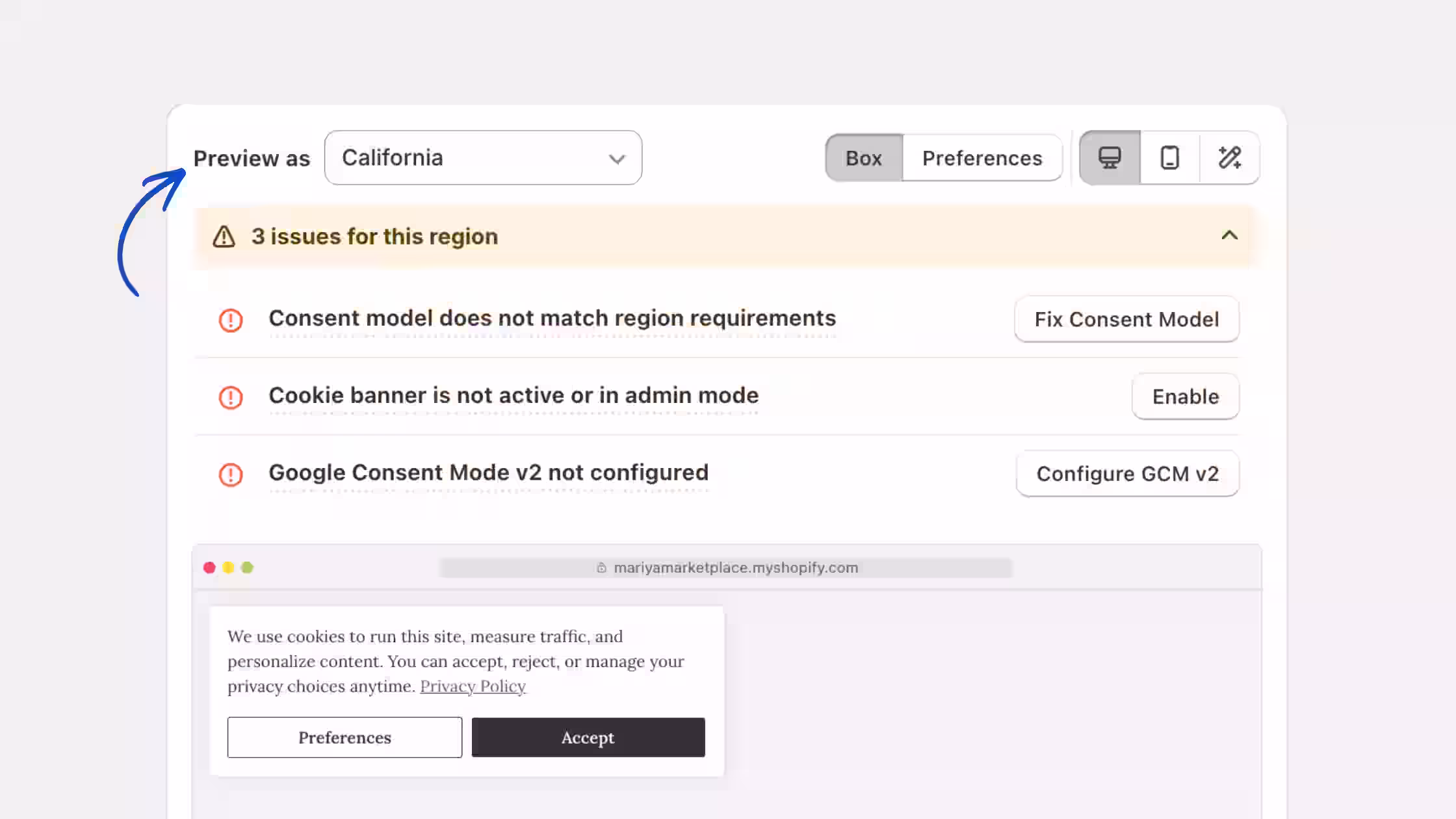 "Preview as" tool set to California. A blue arrow points to the dropdown menu, which highlights three regional alerts—including a missing consent model, an inactive cookie banner, and unconfigured Google Consent Mode v2—along with a live storefront layout 