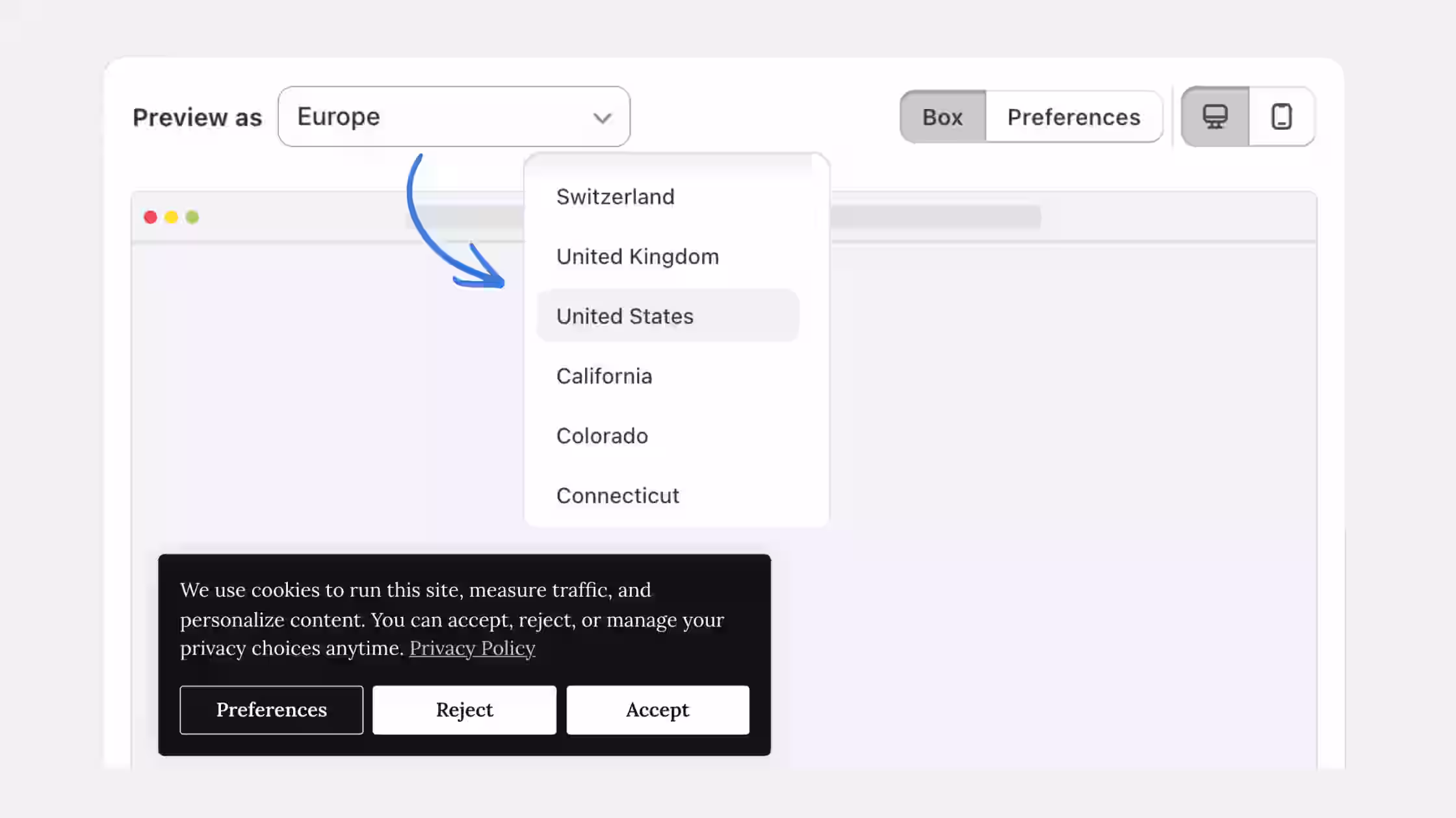 interface features a blue arrow pointing to the "Preview as" regional dropdown menu (currently displaying Europe), showcasing available geographical options like Switzerland, United Kingdom, United States, California, Colorado, and Connecticut alongside a 