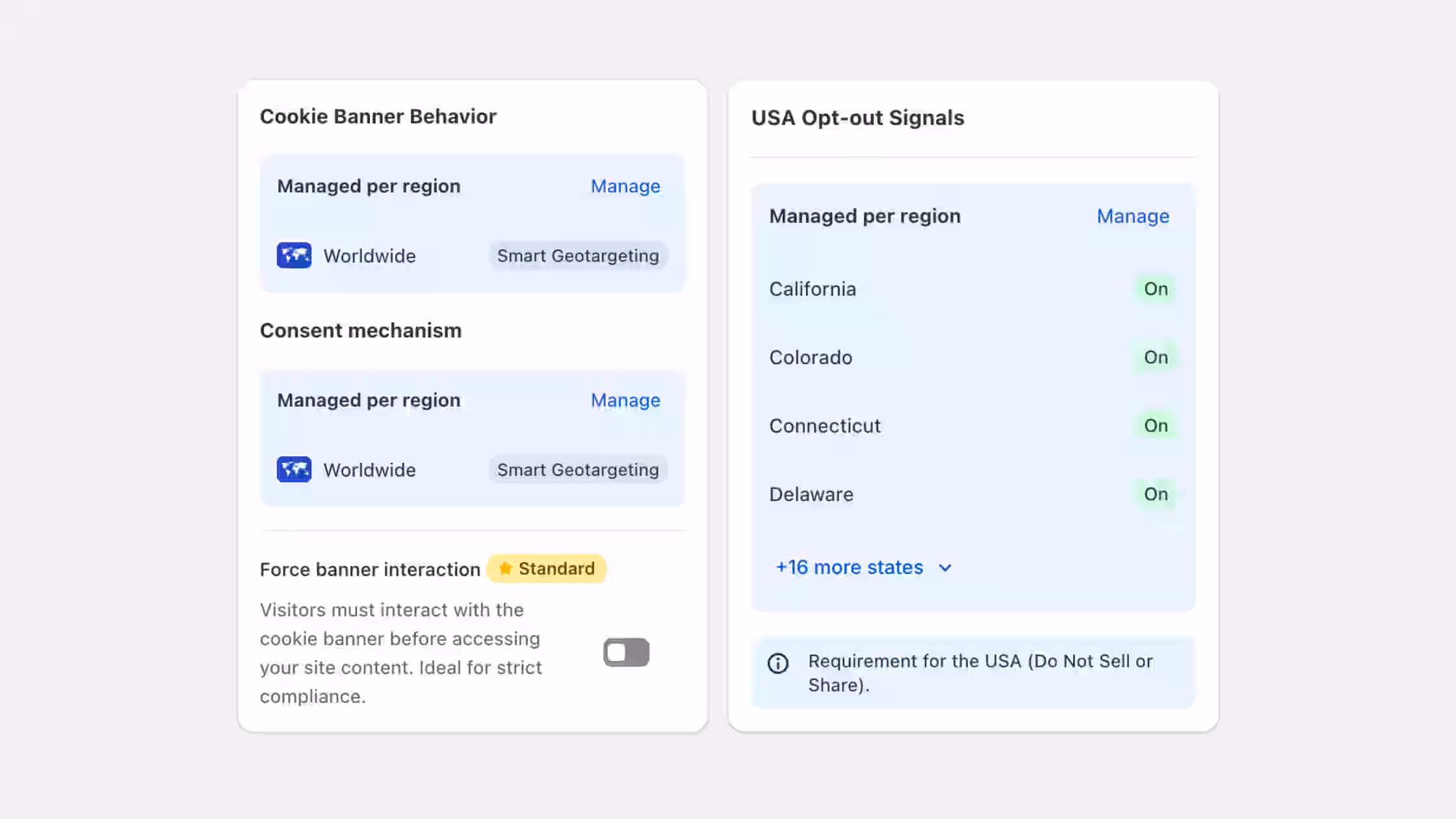This dashboard settings interface details the "Cookie Banner Behavior" and "Consent mechanism" panels configured globally via Smart Geotargeting
