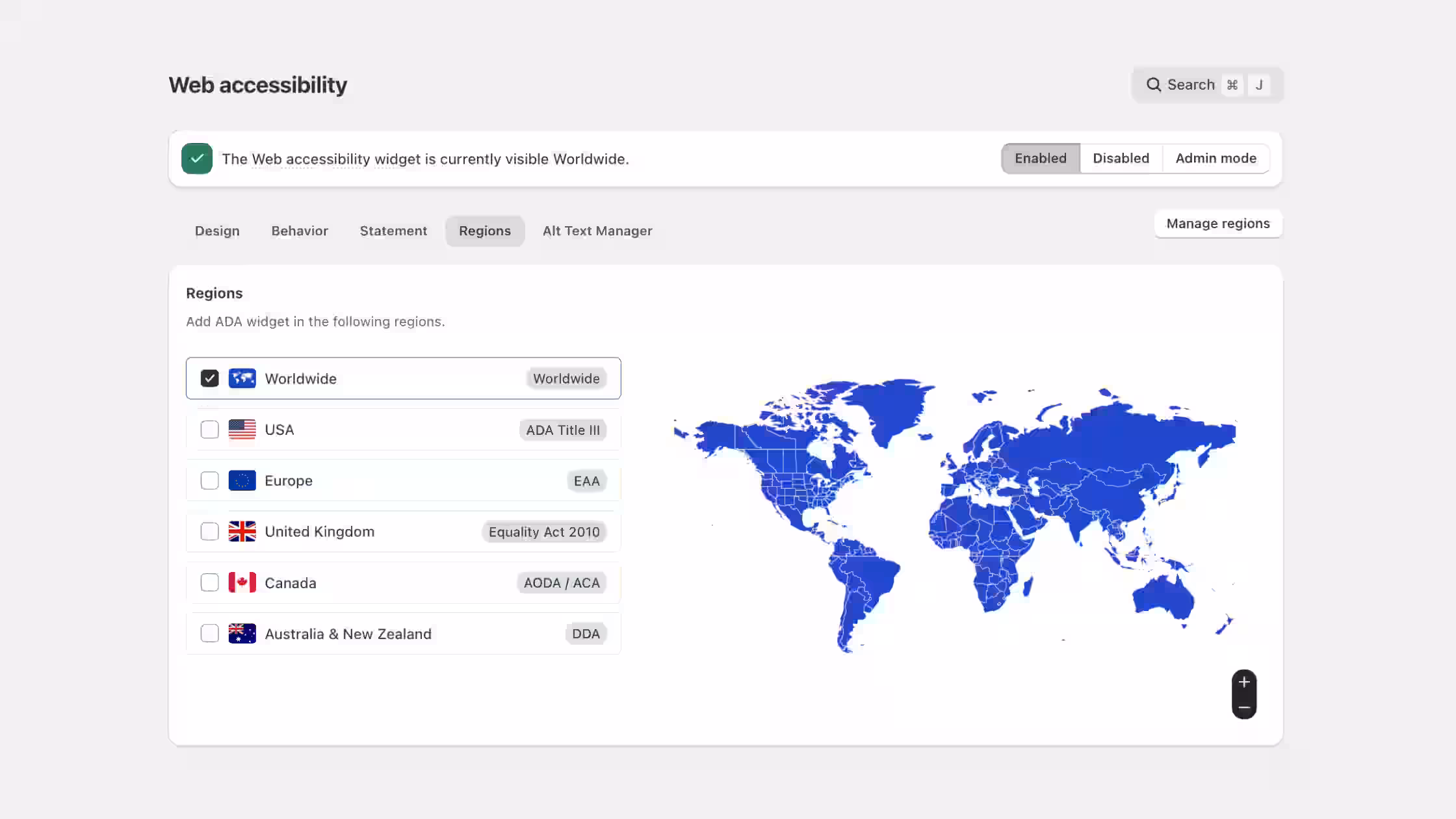 This dashboard shows the Regions selection tab where the Web accessibility widget is currently enabled Worldwide, featuring a list of regional regulations