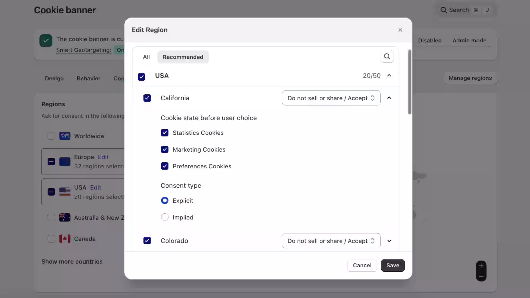 This configuration modal displays granular cookie behavioral rules for California, enabling administrators to set pre-choice tracking states for statistics, marketing, and preference cookies alongside explicit or implied consent logic