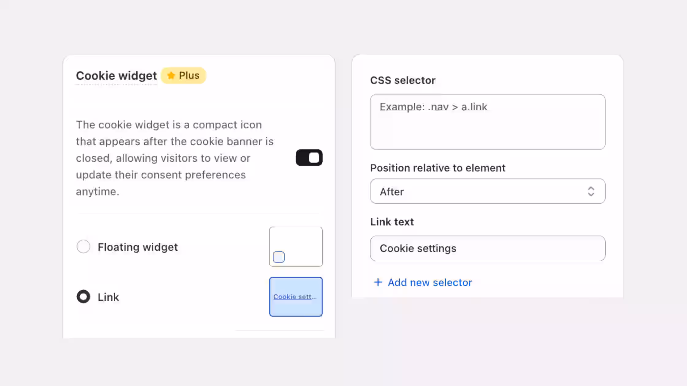 This dashboard interface displays the Cookie widget settings panel showing configuration options to set the banner revisit mechanism as a custom text link rather than a floating icon.