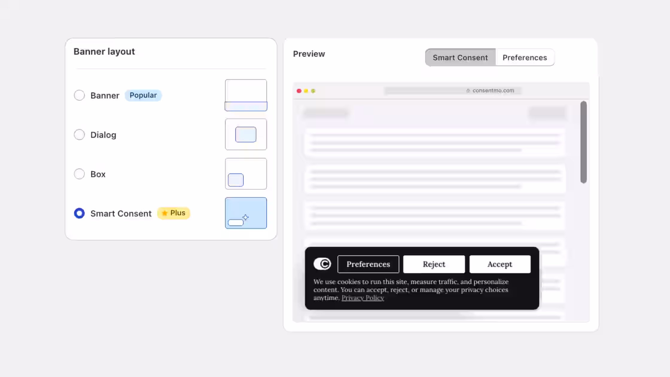 This dashboard view shows the Banner layout configuration interface with the Smart Consent option selected, alongside a live preview of the interactive cookie banner displayed on a storefront.