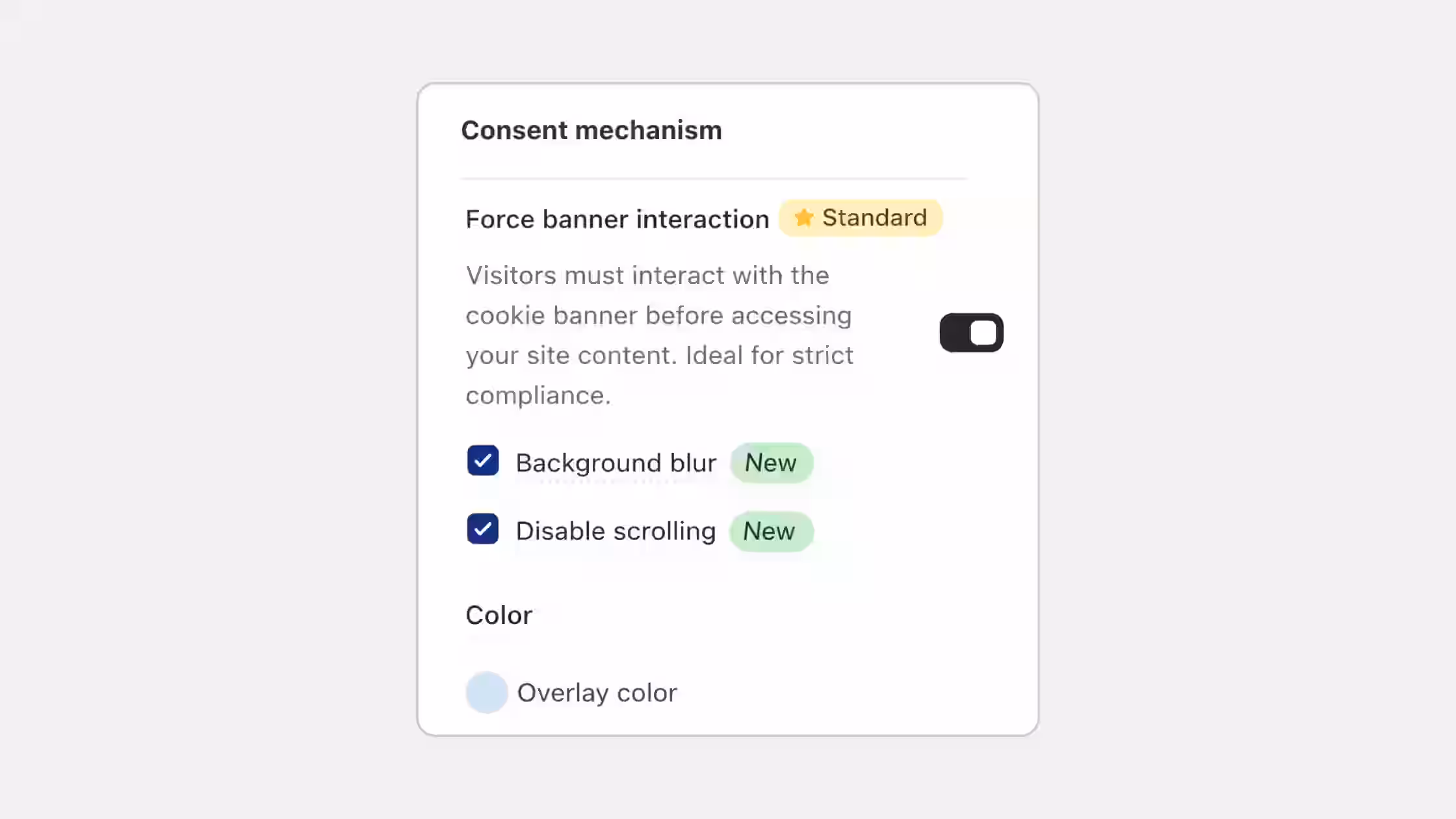 Active Consent mechanism configuration forcing users to interact with the cookie banner before accessing site content, featuring checked options for Background blur, Disable scrolling, and a customizable Overlay color.