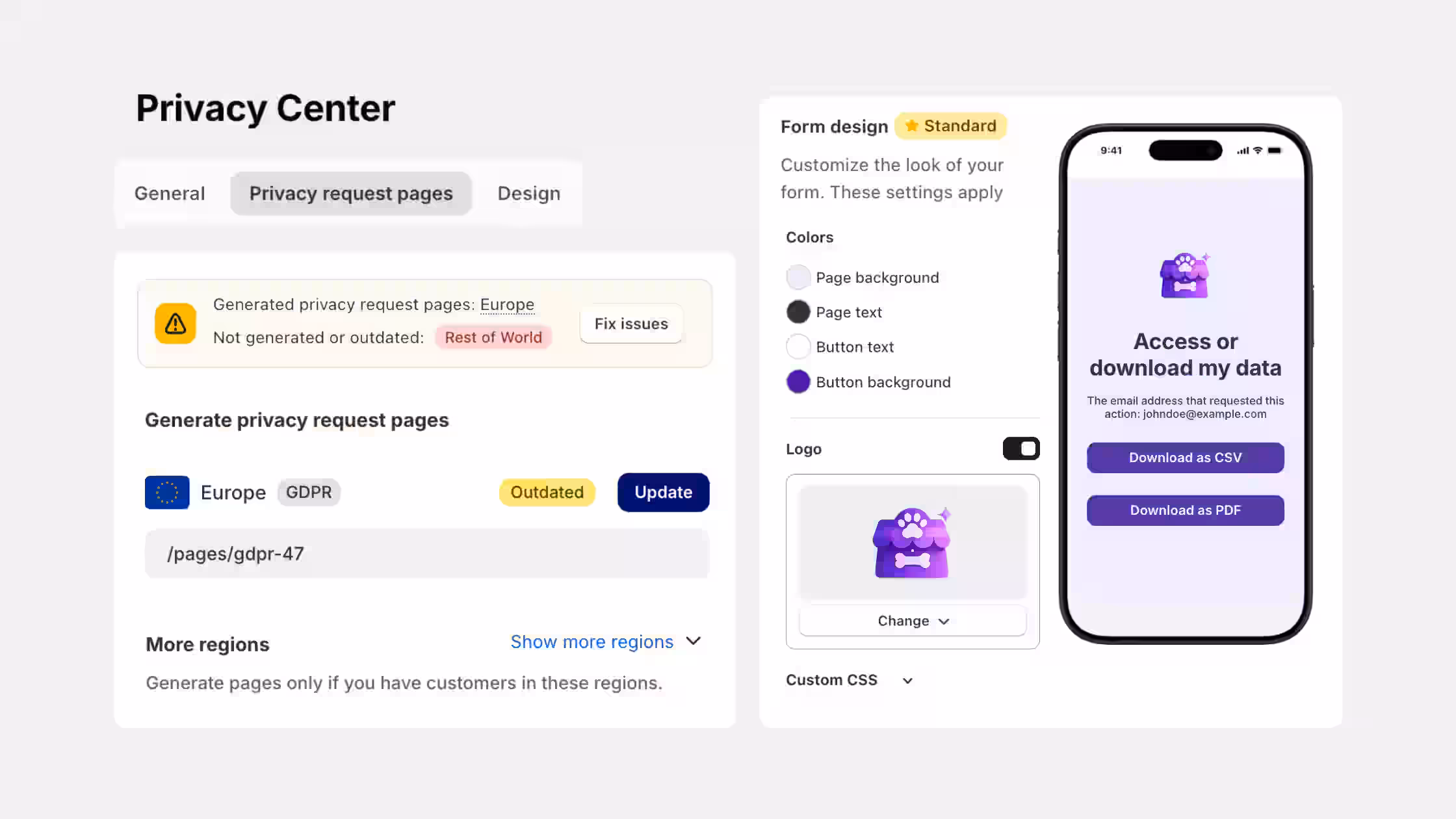 Privacy request page generator for managing GDPR compliance alongside custom form design tools, color adjustments, logo placement, and a mobile preview for user data downloads.