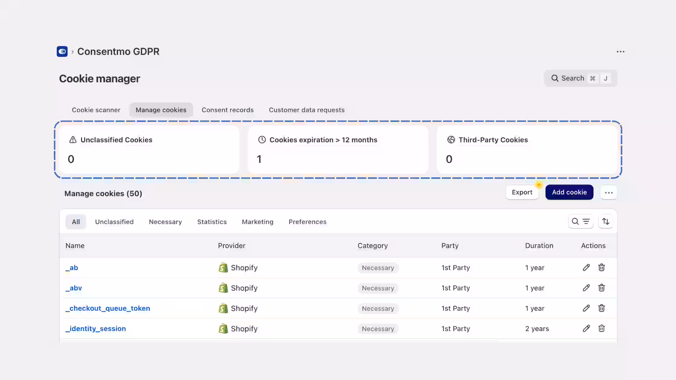 Cookie manager interface highlighting metric cards for unclassified cookies, long-duration expirations, and third-party trackers above a categorized data log of active Shopify backend compliance cookies.