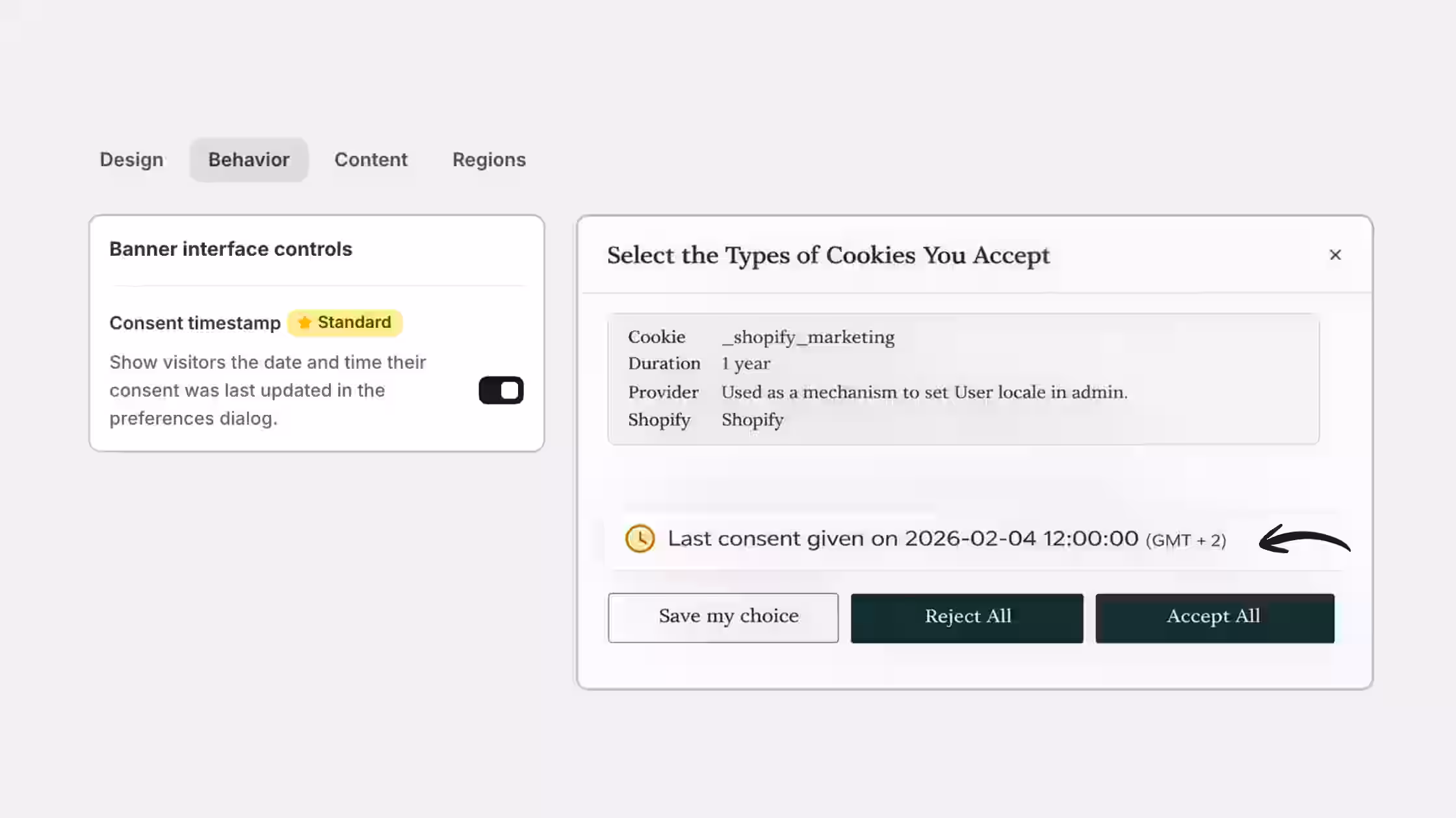Banner behavior settings panel showing an active Consent timestamp toggle next to a preferences modal preview displaying the visitor's last updated consent date, time, and time zone.