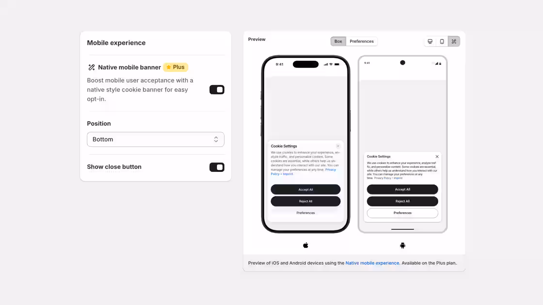 Mobile experience dashboard featuring an active Native mobile banner toggle with layout position controls alongside side-by-side interactive iOS and Android device screen previews.