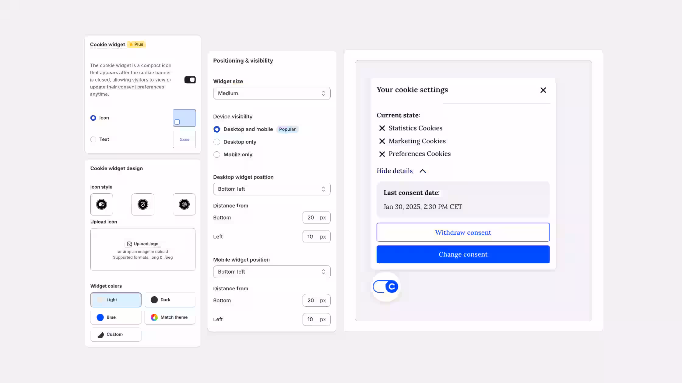 Cookie widget dashboard providing style design controls, pixel-perfect layout positioning, device visibility filters, and a real-time preferences popup preview showing a historic consent timestamp.